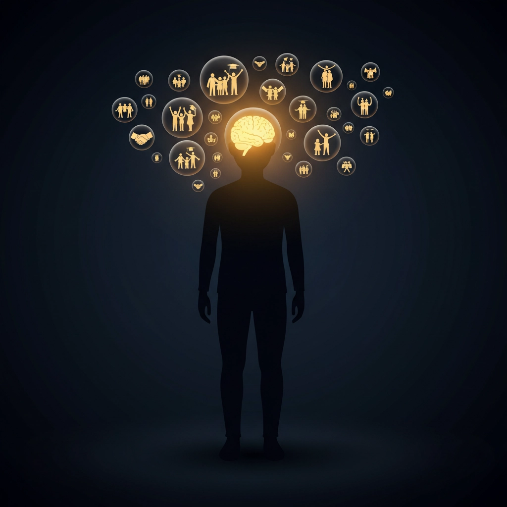 Silhouette of a person with an illuminated brain surrounded by various icons in speech bubbles, symbolizing ideas, social connections, and educational achievements against a dark background.


