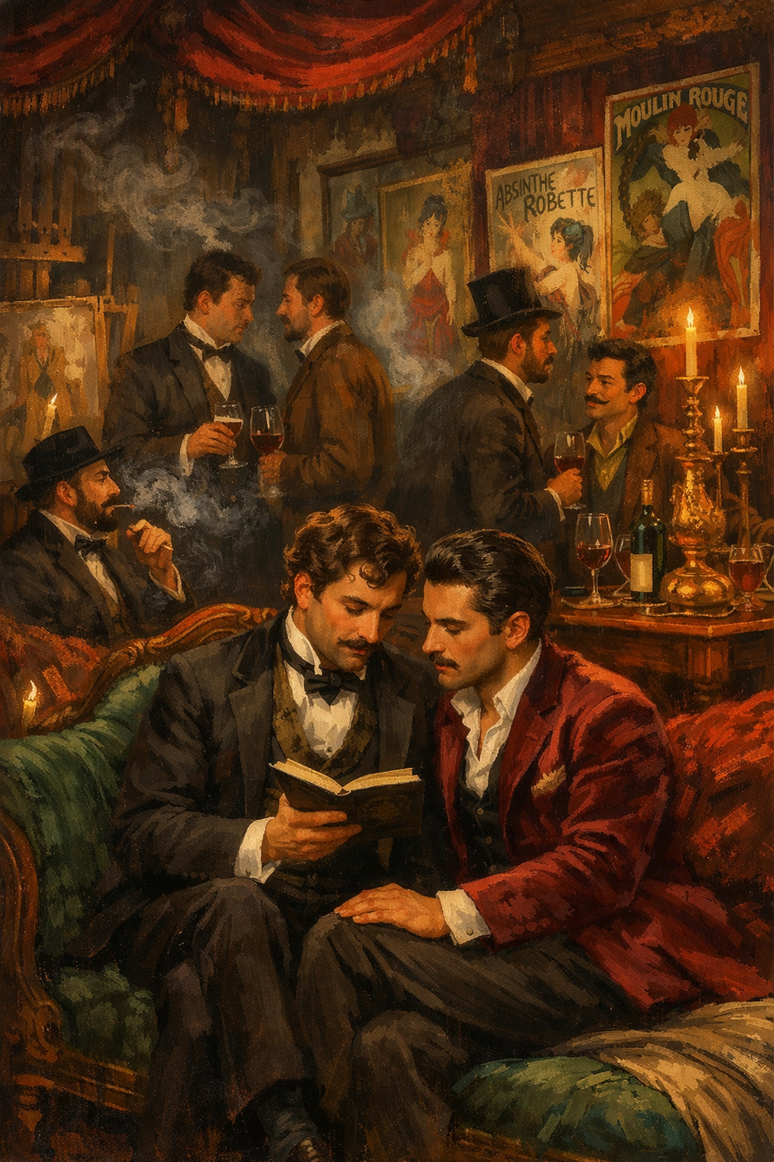 Secret bohemian gathering in Montmartre studio with men sharing poetry during Belle Époque
