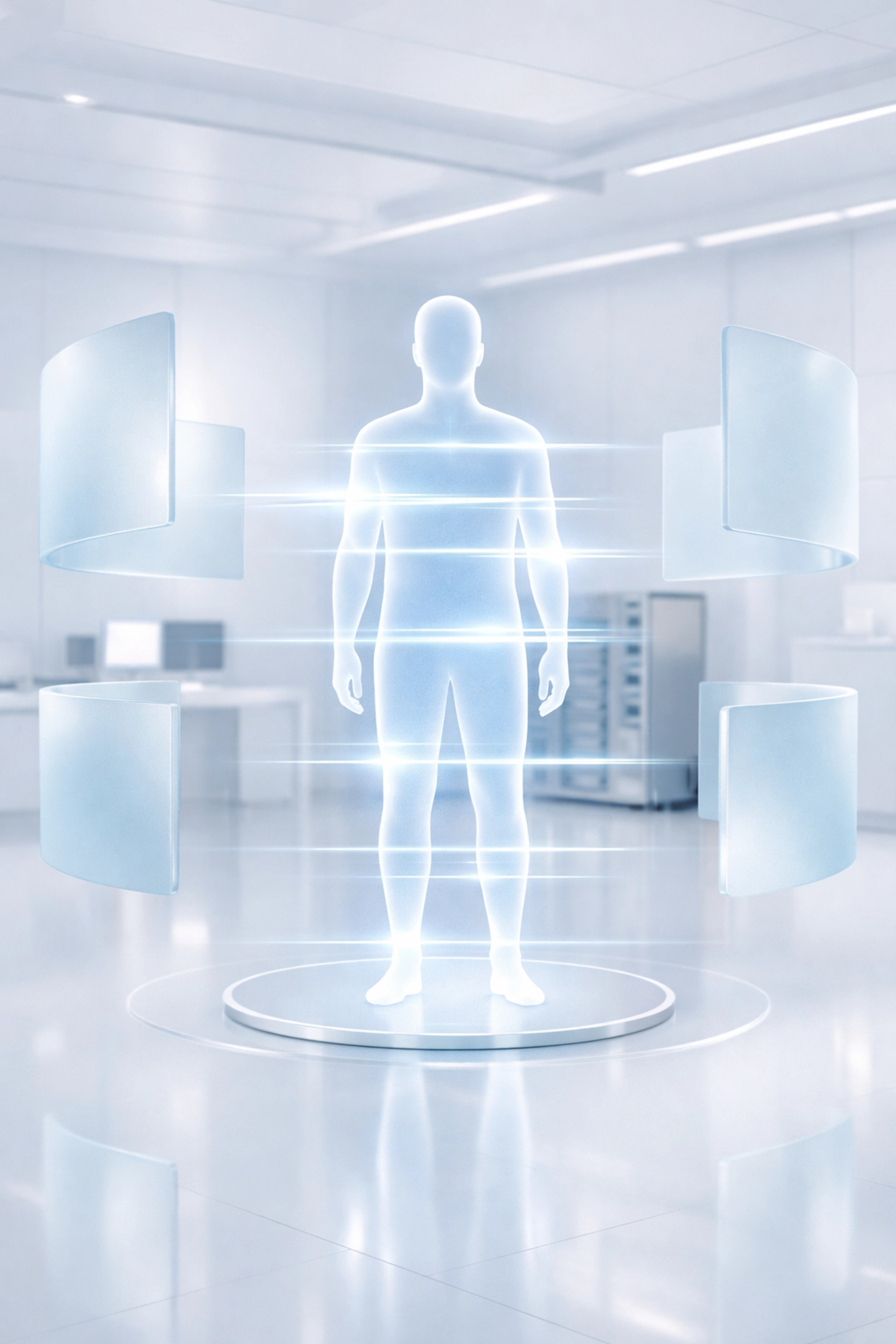 A digital twin silhouette being scanned in a secure AI data clean room for private personalized retail.