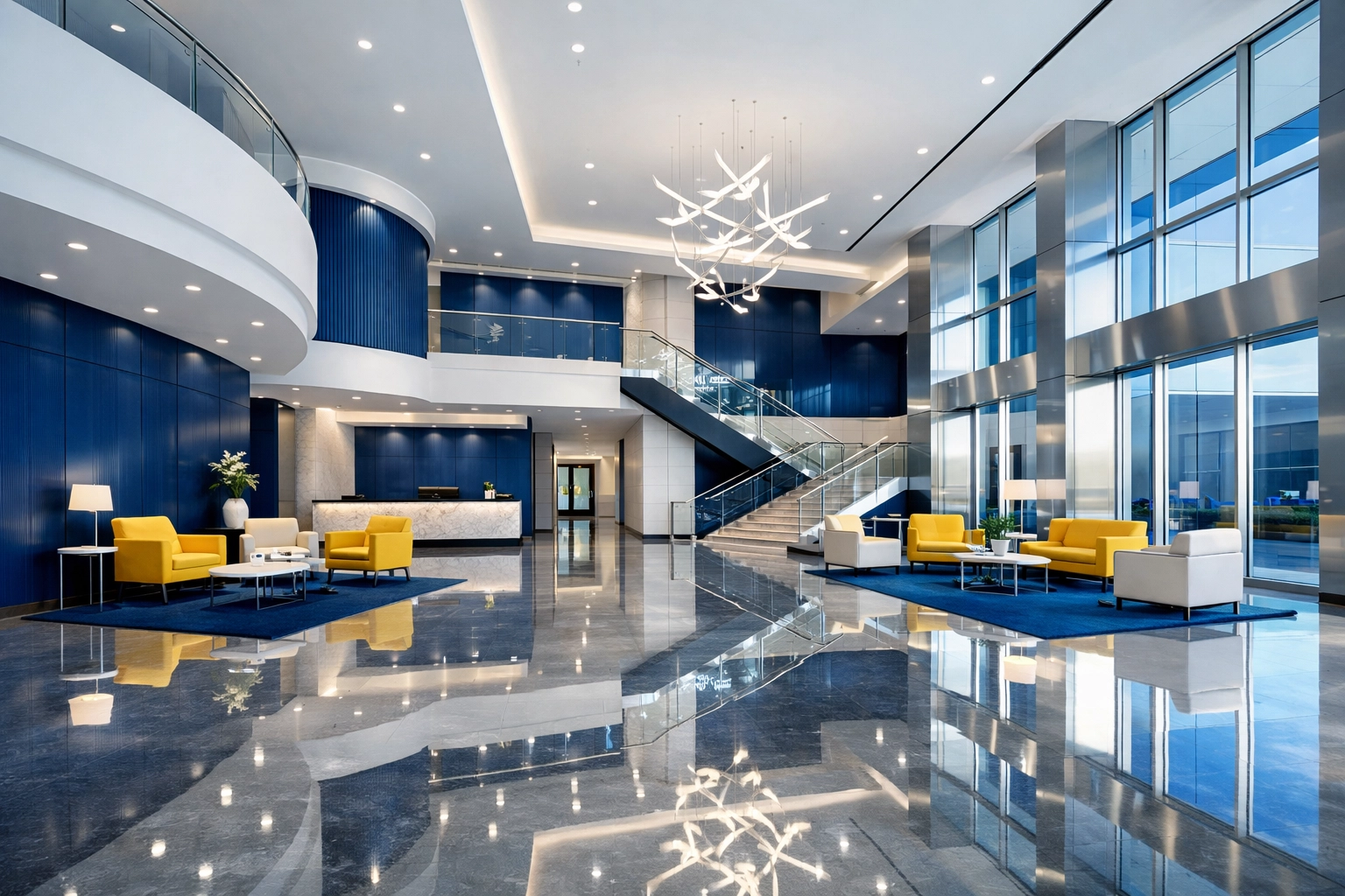 Pristine Saugus office lobby with polished marble floors demonstrating janitorial excellence.