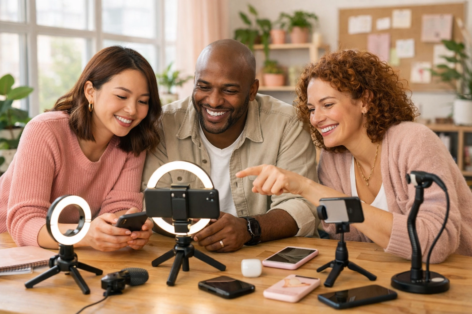 Small business owners collaborating with smartphones and filming equipment for YouTube videos