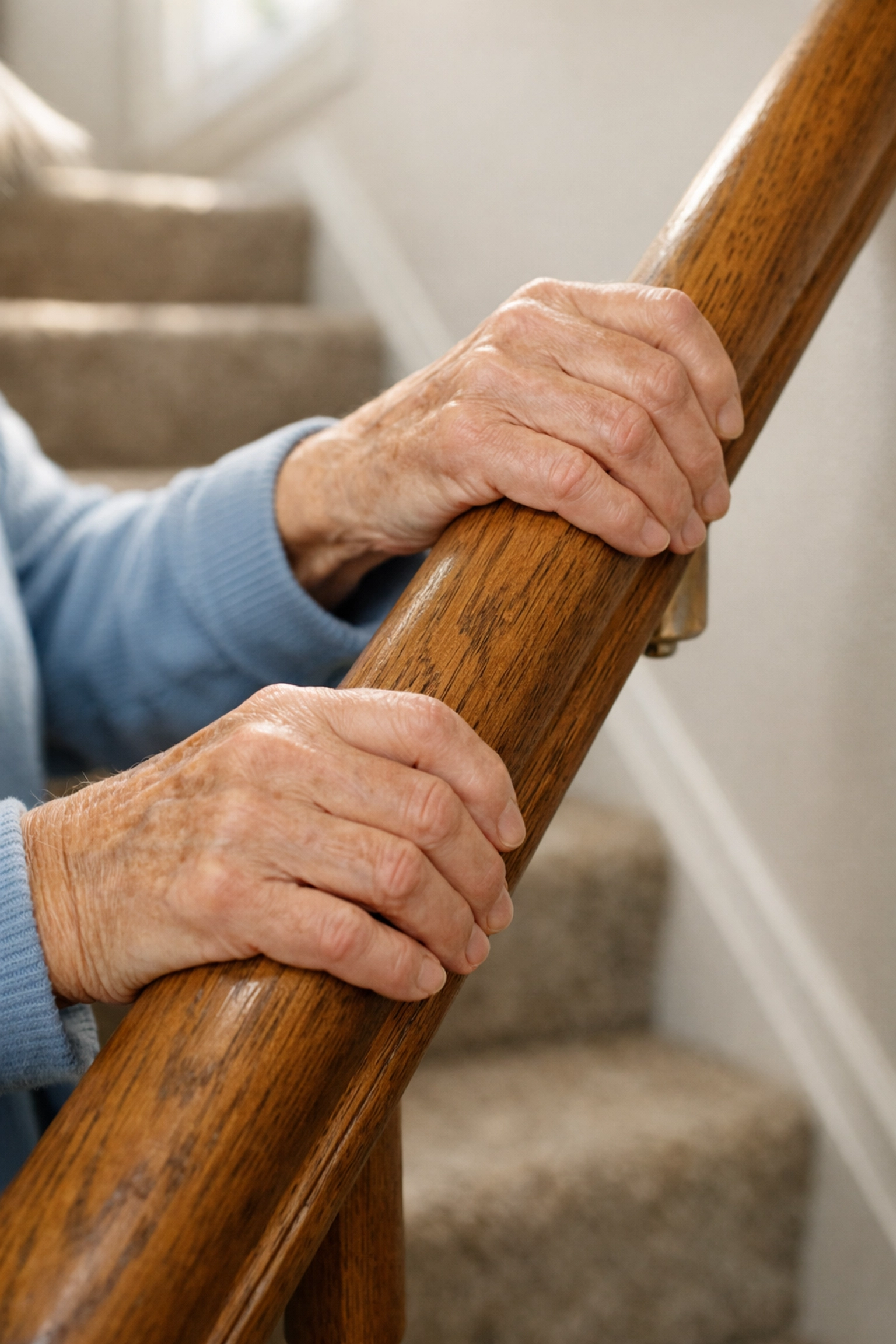 Older adult's hands safely gripping wooden handrail while climbing stairs