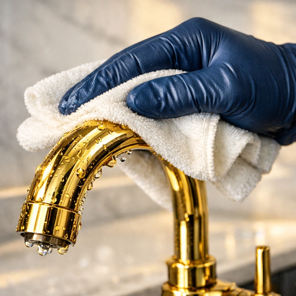Detailed cleaning of a high-end kitchen faucet, part of expert residential cleaning in Massachusetts.
