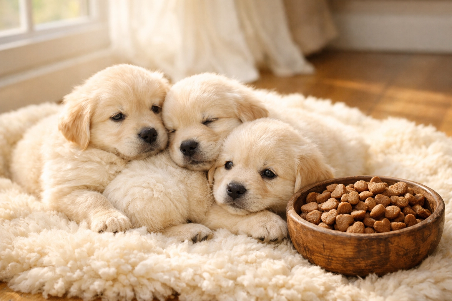 Healthy Golden Retriever puppies Oregon next to a bowl of premium food in Boring, Oregon.