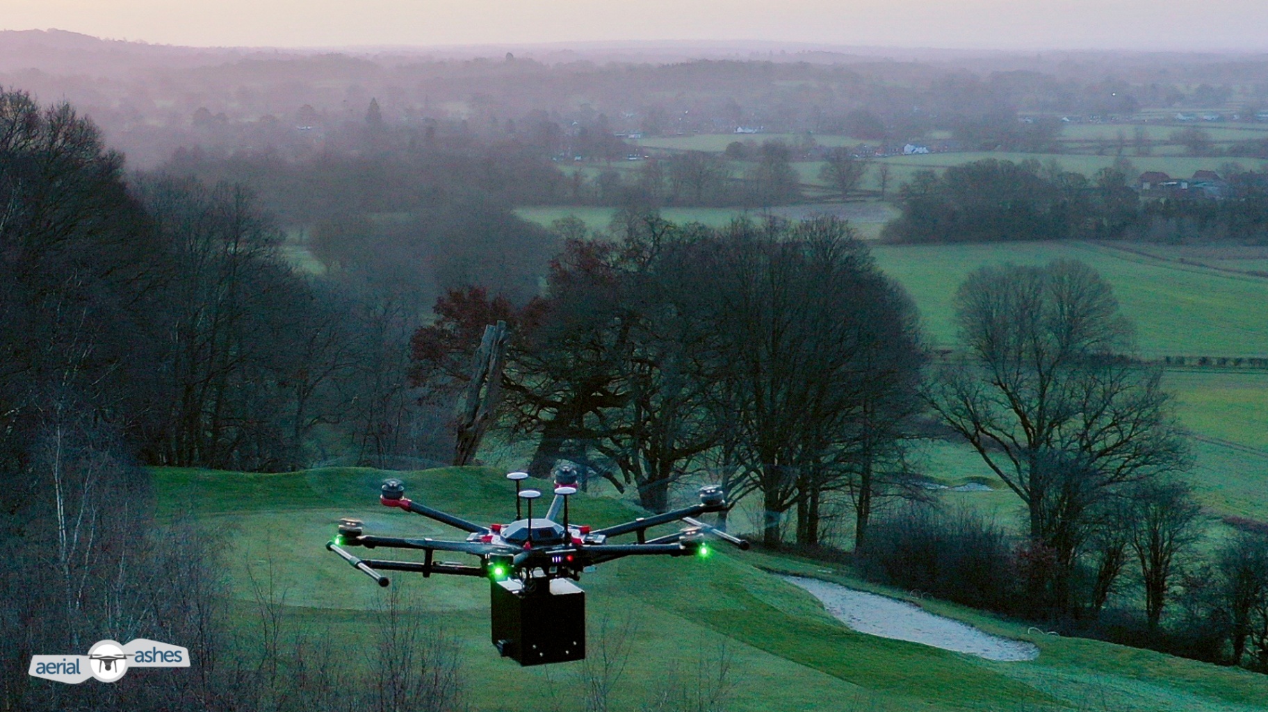 Professional drone with ashes-scattering attachment at dusk