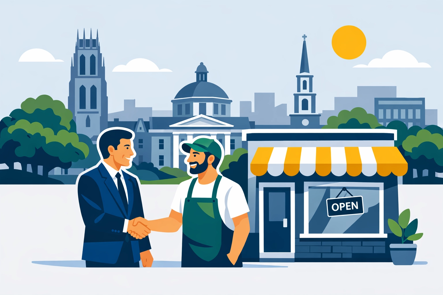 Local New Haven tax pro shaking hands with a small business owner, emphasizing personalized tax services.