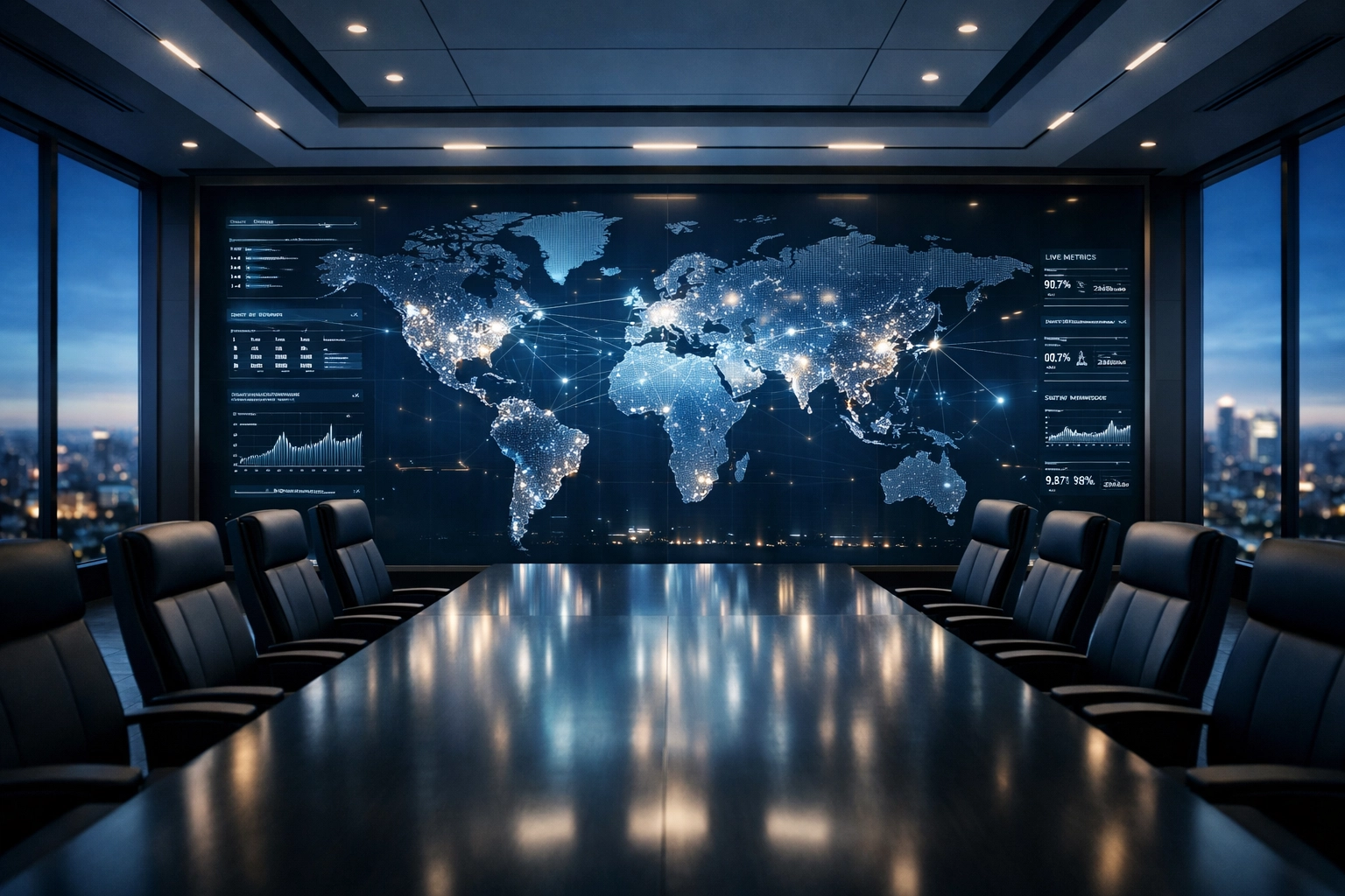 Global media command center with real-time data analytics for managing Dakdan Worldwide's strategic brand presence.