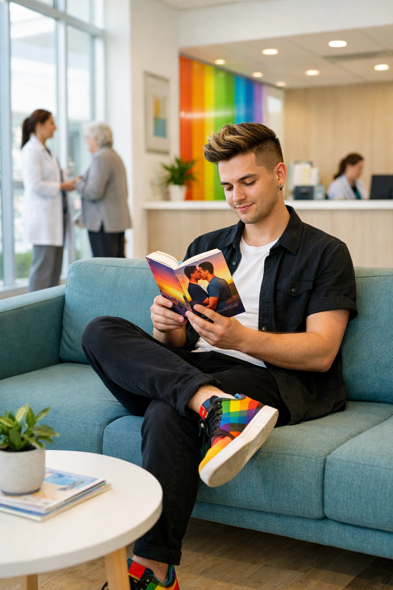 A young man reading an MM romance book in a modern, inclusive LGBTQ health clinic waiting room.