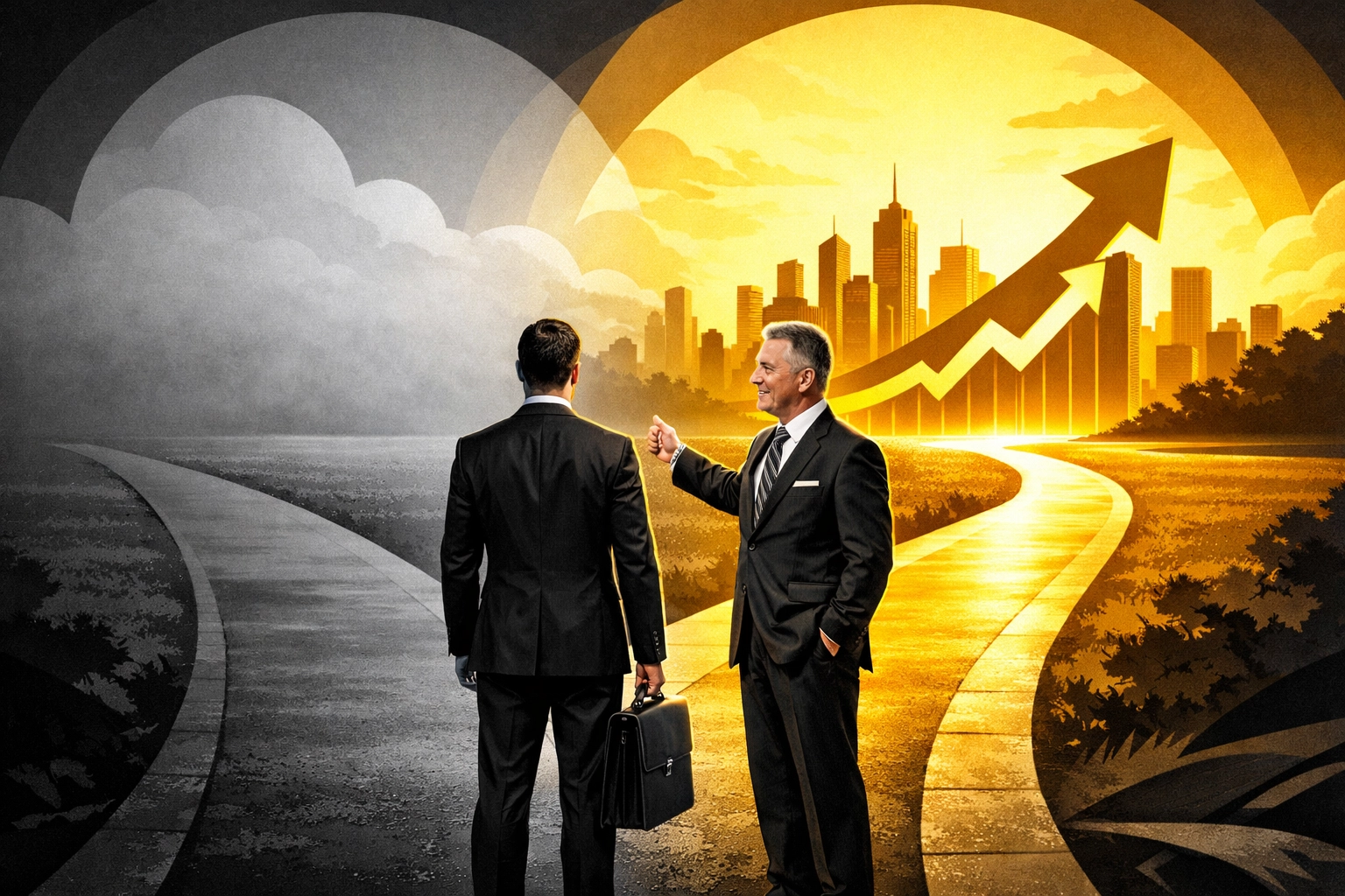 Business professional choosing total brand growth with expert Amazon account management services at a crossroads