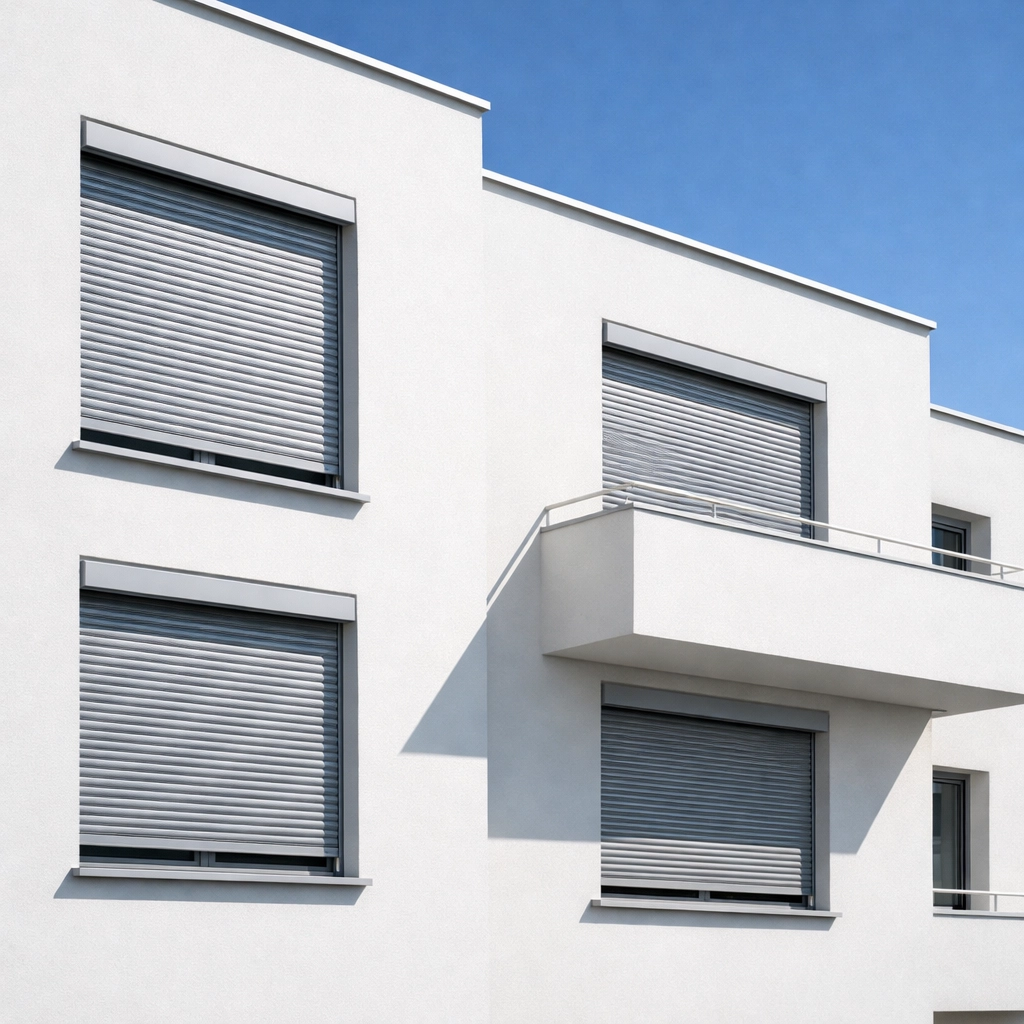 Moderne Rollläden Wien an Gebäudefassade für Sonnenschutz und Energieeinsparung im Sommer