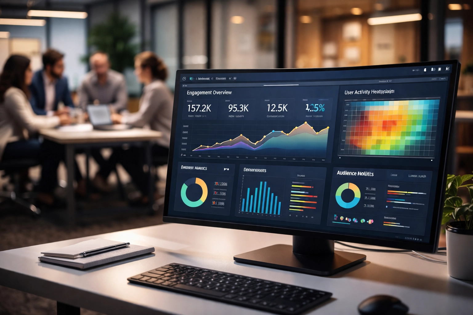Modern office team analyzing sponsorship ROI with digital engagement dashboard and data analytics
