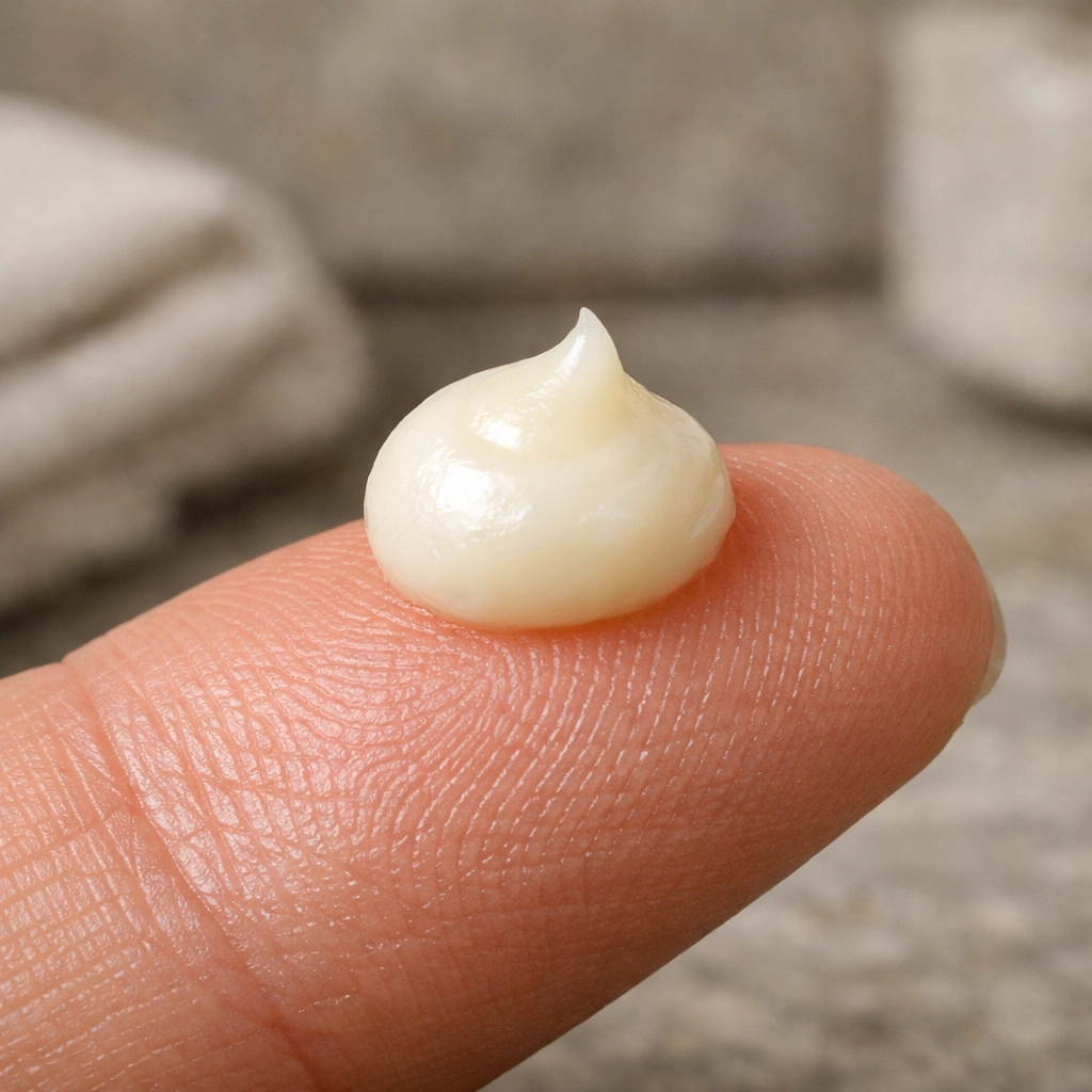 A finger holding a small amount of tallow balm to demonstrate proper application for acne-prone skin.