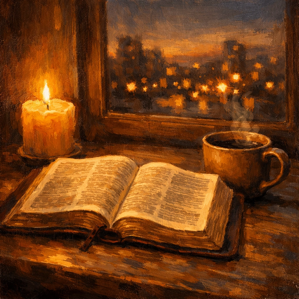Open Bible with coffee representing prayer and Scripture study for finding peace in conflict