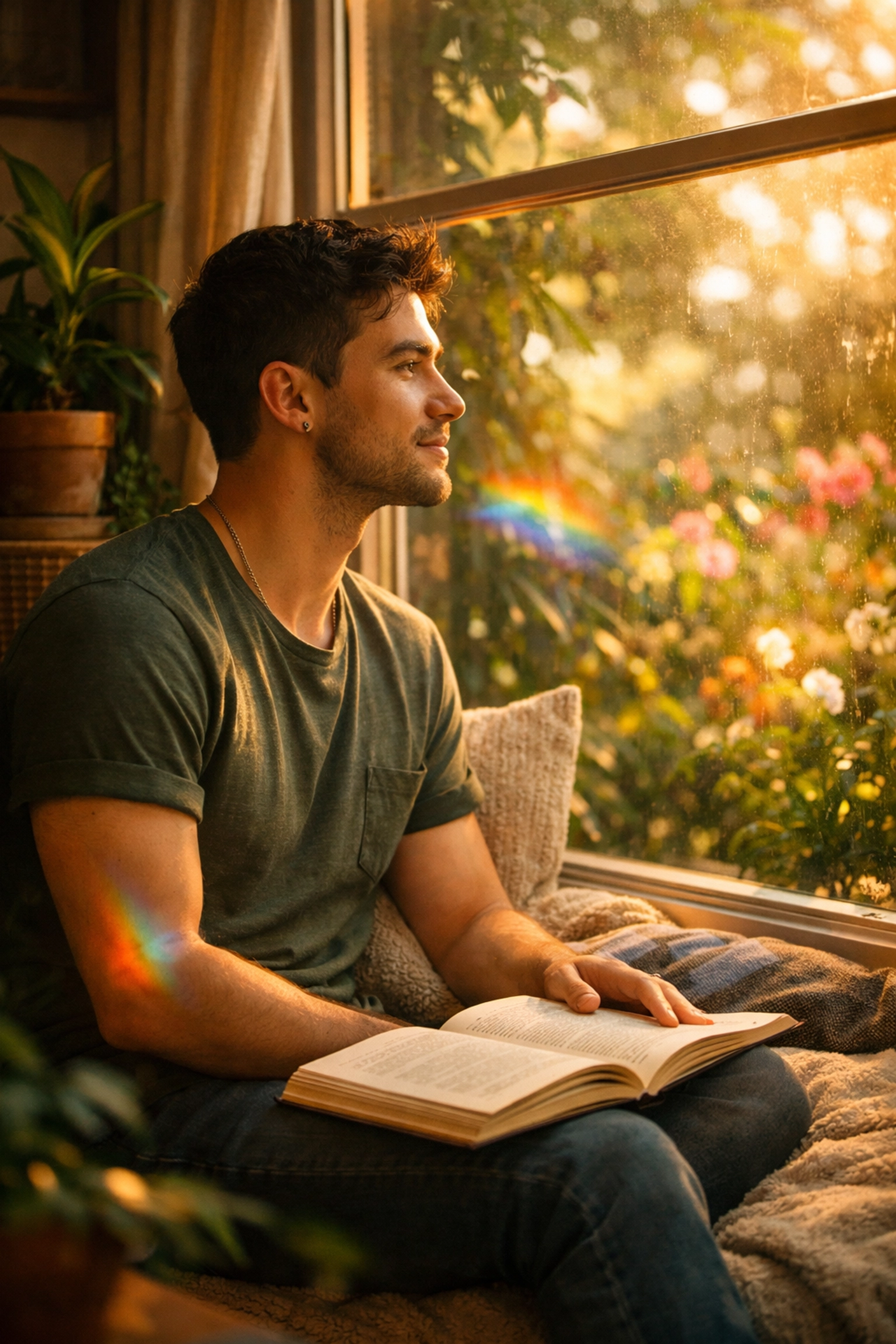 A gay man reading a book by a sunlit window, representing queer healing and emotional resilience.