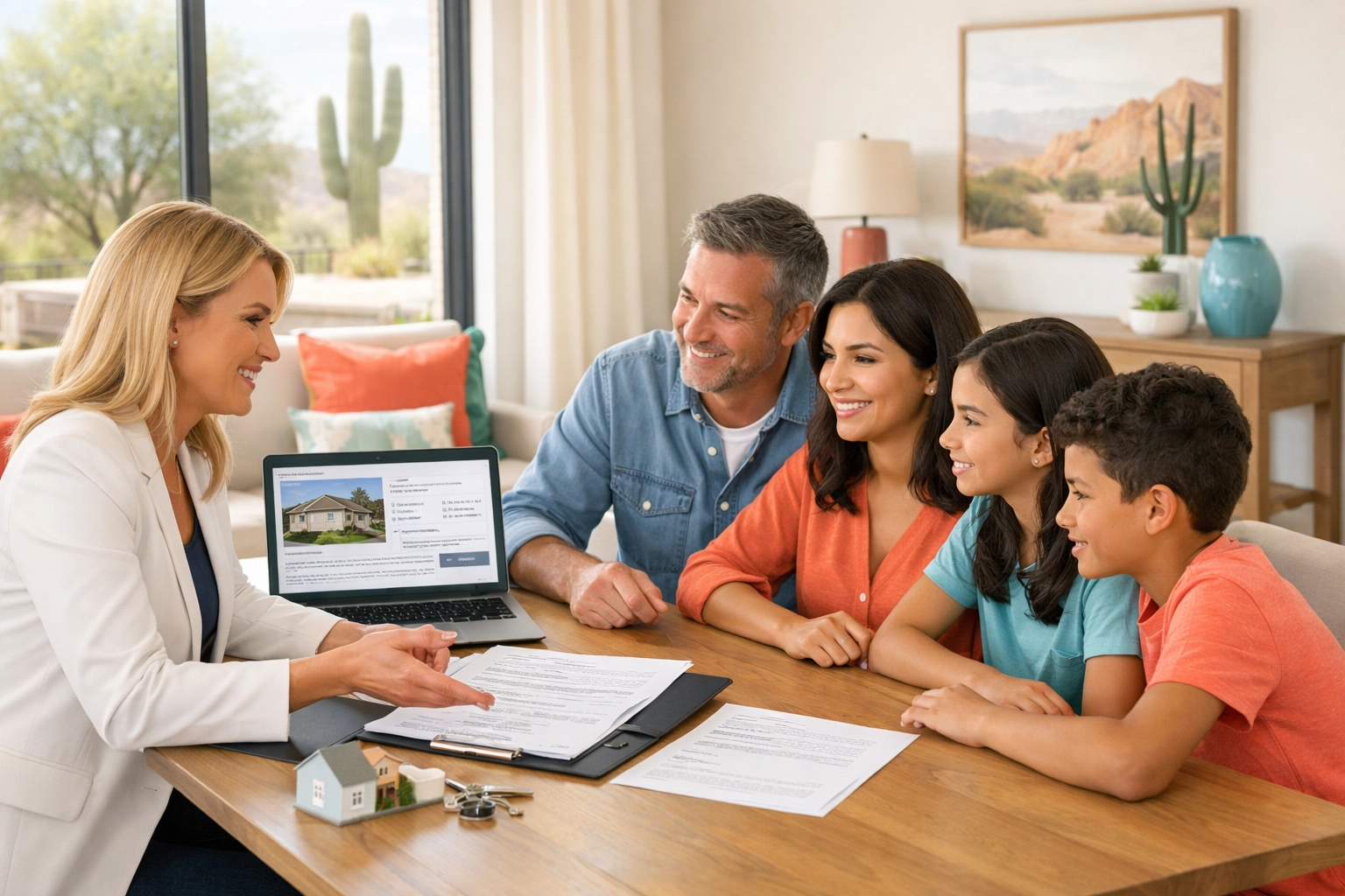 Family meeting with flat fee realtor in Peoria home reviewing listing options and pricing