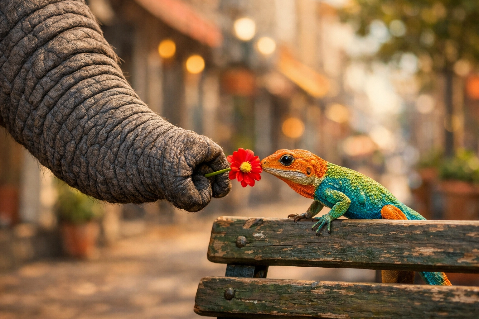 An elephant offering a flower to a lizard, symbolizing the call to love neighbors across species lines.