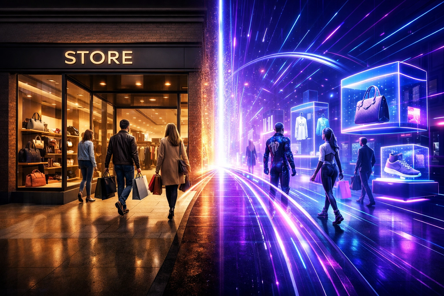 Physical retail store transforming into Larecoin metaverse shopping environment with VR avatars