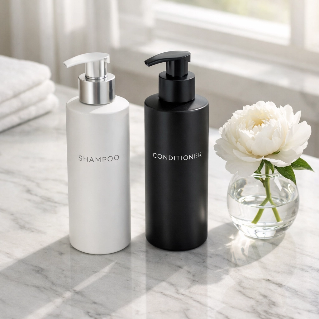 Minimalist hair care bottles on marble for a budget friendly self-care routine.