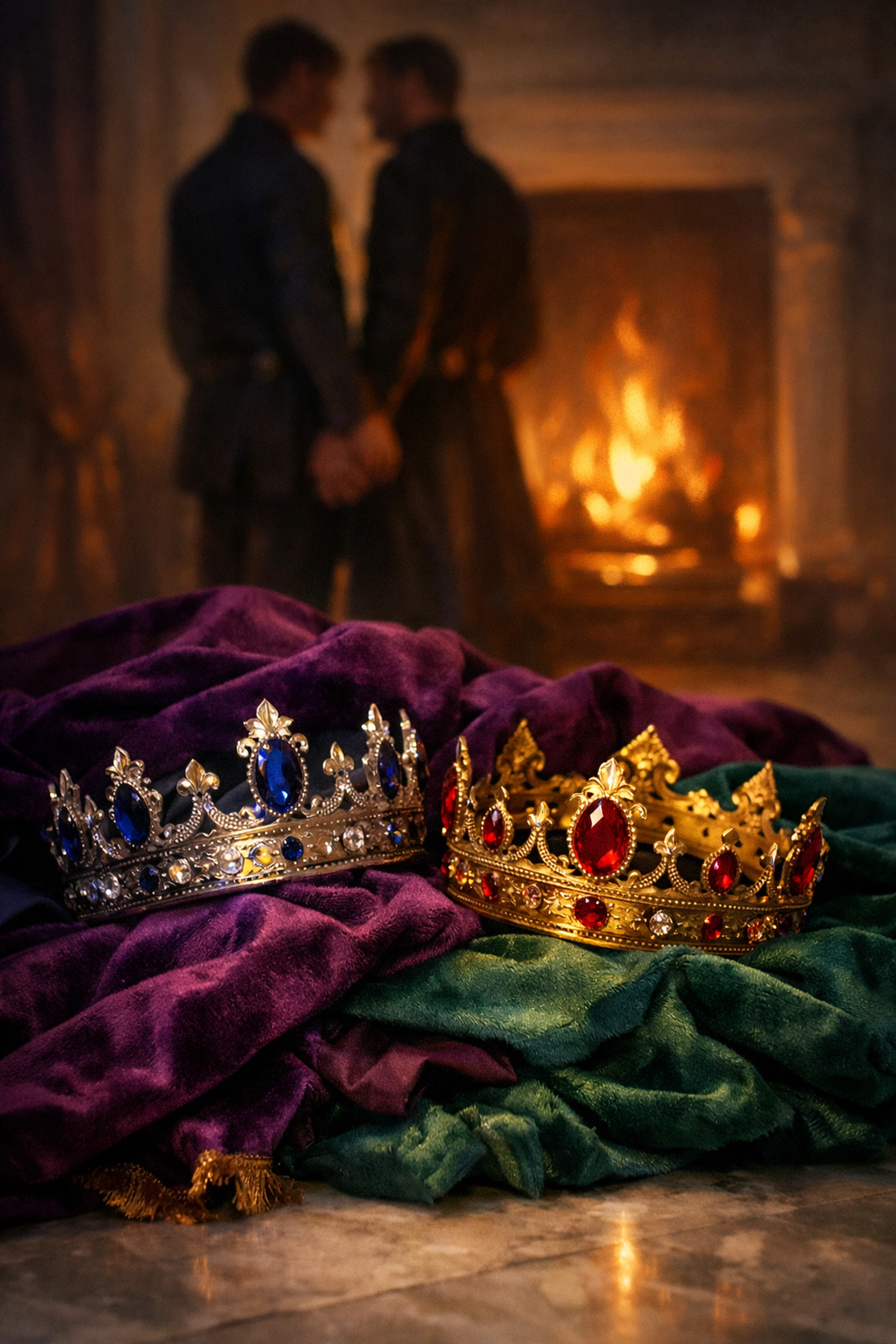 Royal crowns on discarded velvet robes, capturing the private intimacy found in steamy MM romance books.