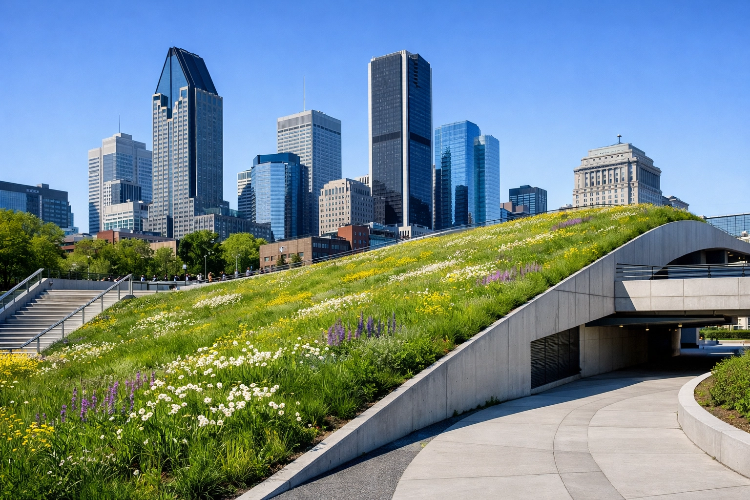 Wide shot of the lush floating meadow at Place des Montréalaises with downtown Montreal skyscrapers.