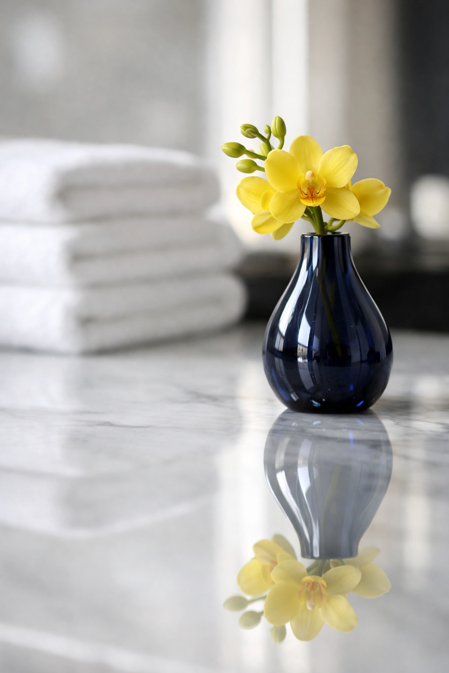 Close-up of a polished marble bathroom vanity after a deep cleaning service with crisp white towels.