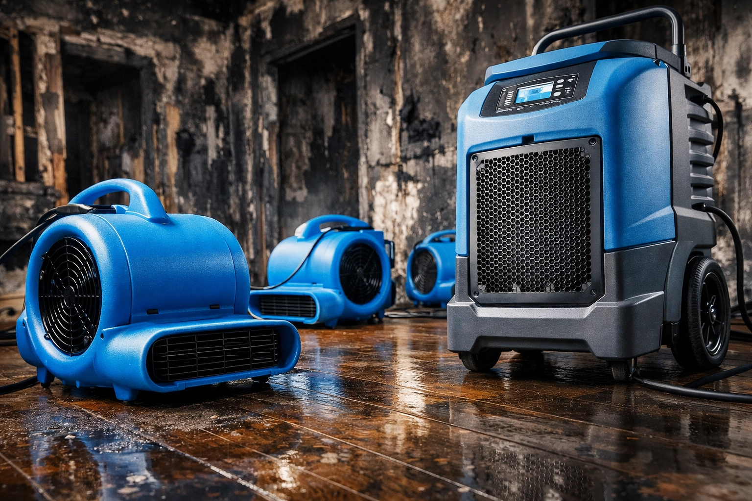 Industrial water damage restoration equipment drying a soot stained floor after a residential fire.