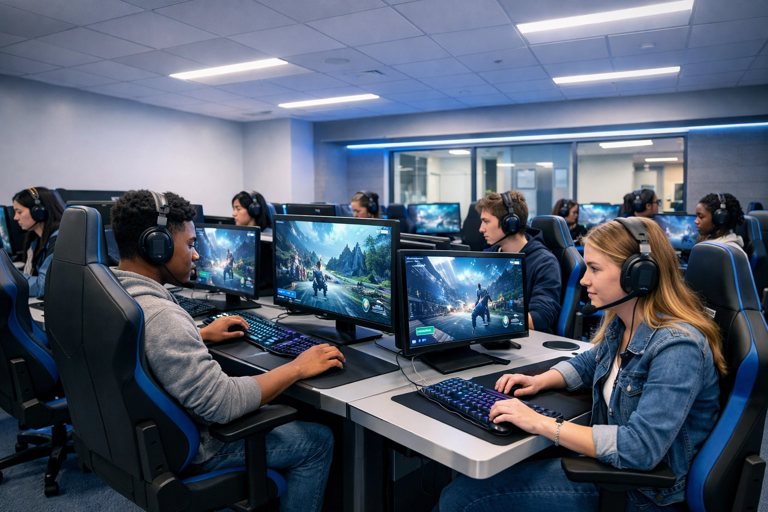 High school students in Dakdan Worldwide esports pods participating in educational simulation sponsorship programs.