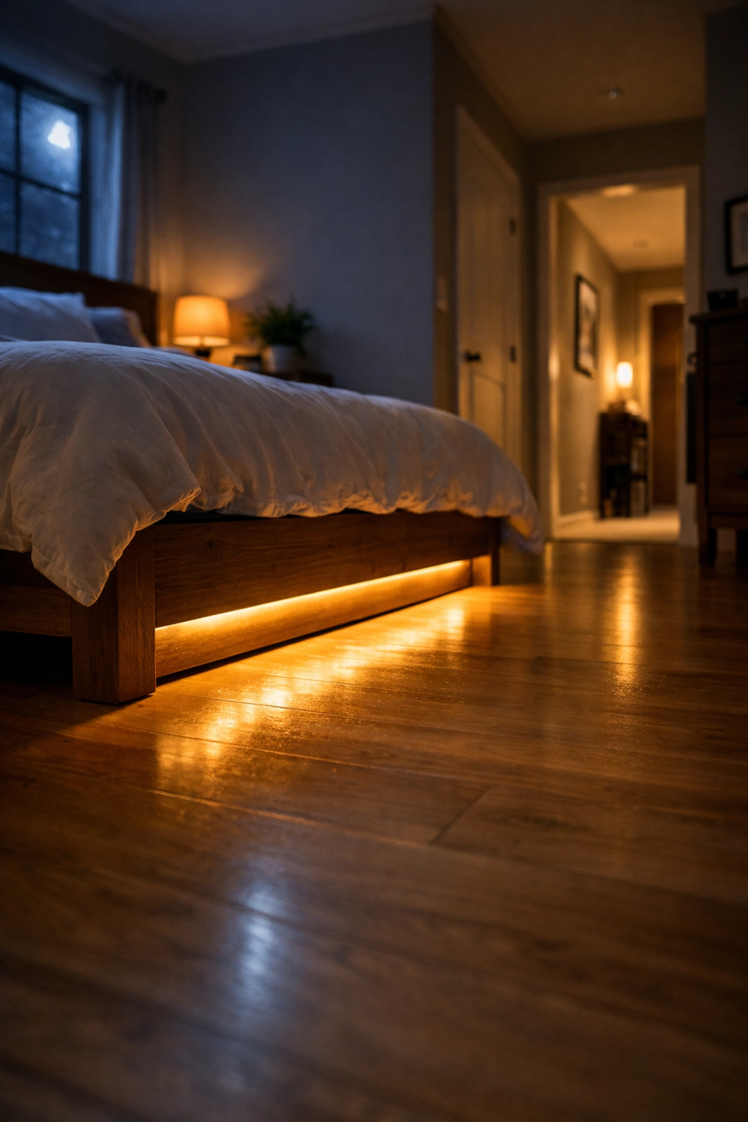Motion-activated nightlight under a bed providing a safe, illuminated path for senior fall prevention.