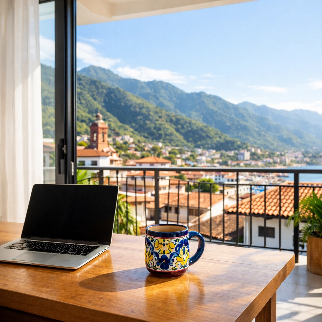 Bright workspace in a Puerto Vallarta rental featuring a balcony and views of the Sierra Madre mountains.