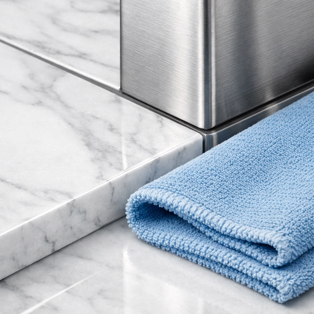 Detail of professional house cleaning Boston MA sanitizing a marble countertop with a microfiber cloth.