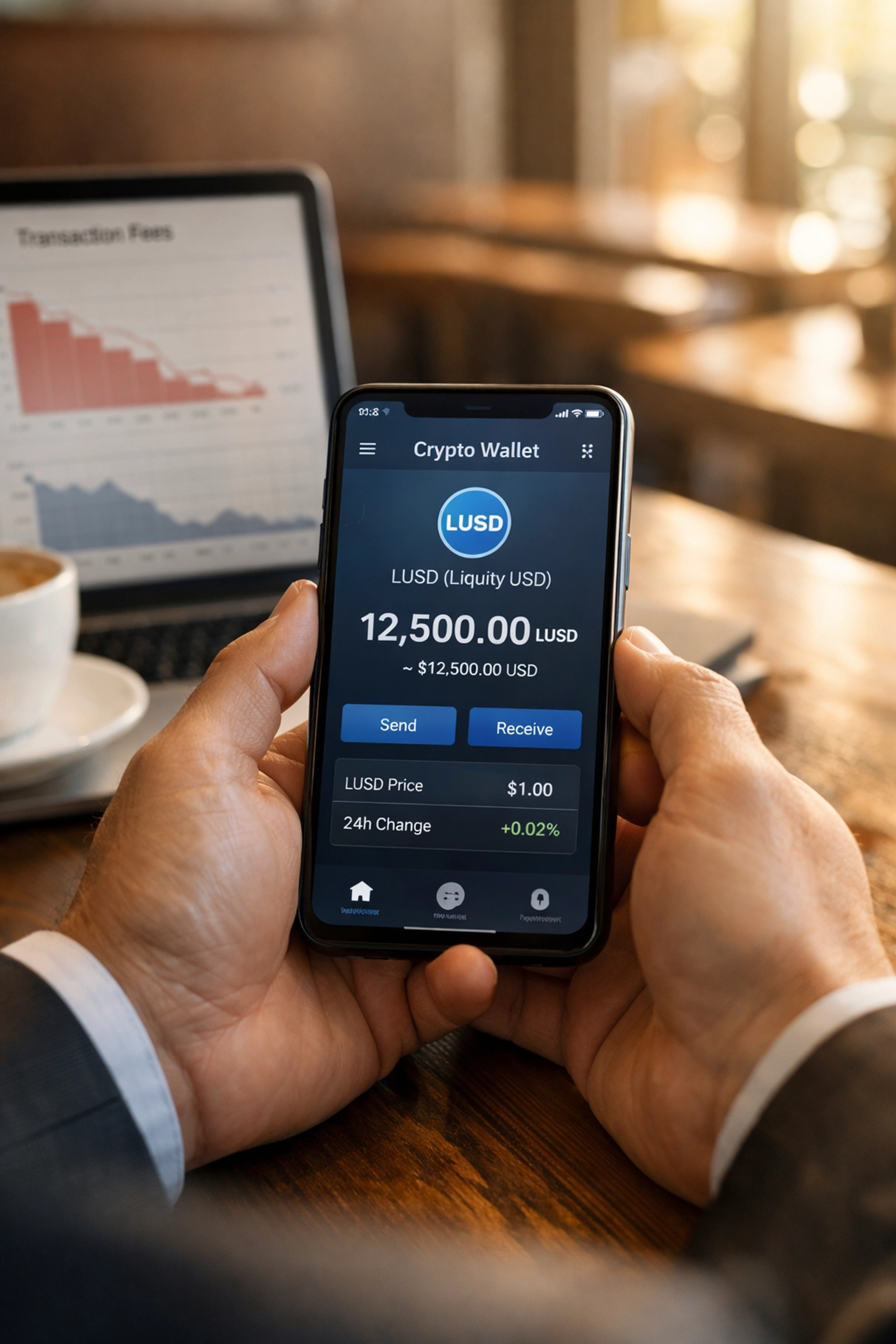 Merchant checking LUSD stablecoin wallet with declining fee charts