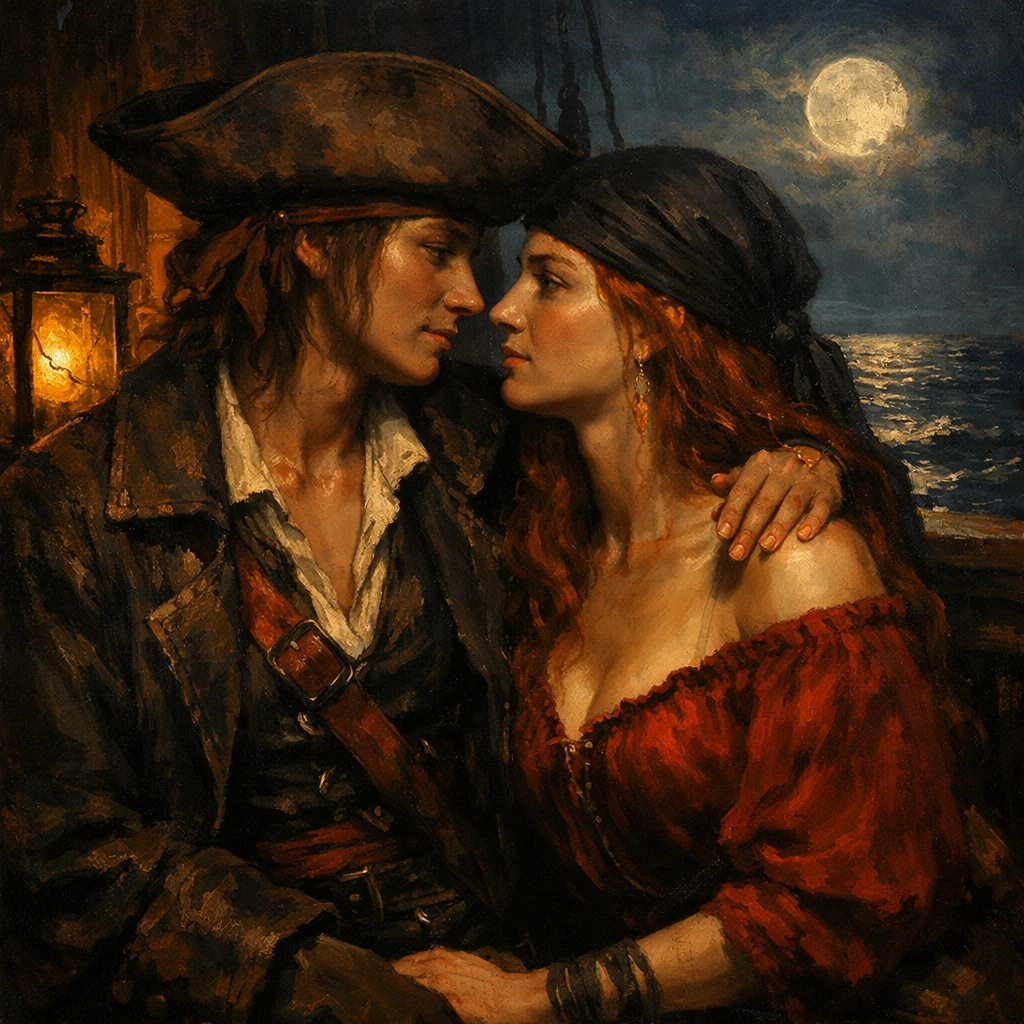 Anne Bonny and Mary Read sharing an intimate moment on a pirate ship, reflecting gay historical romance.