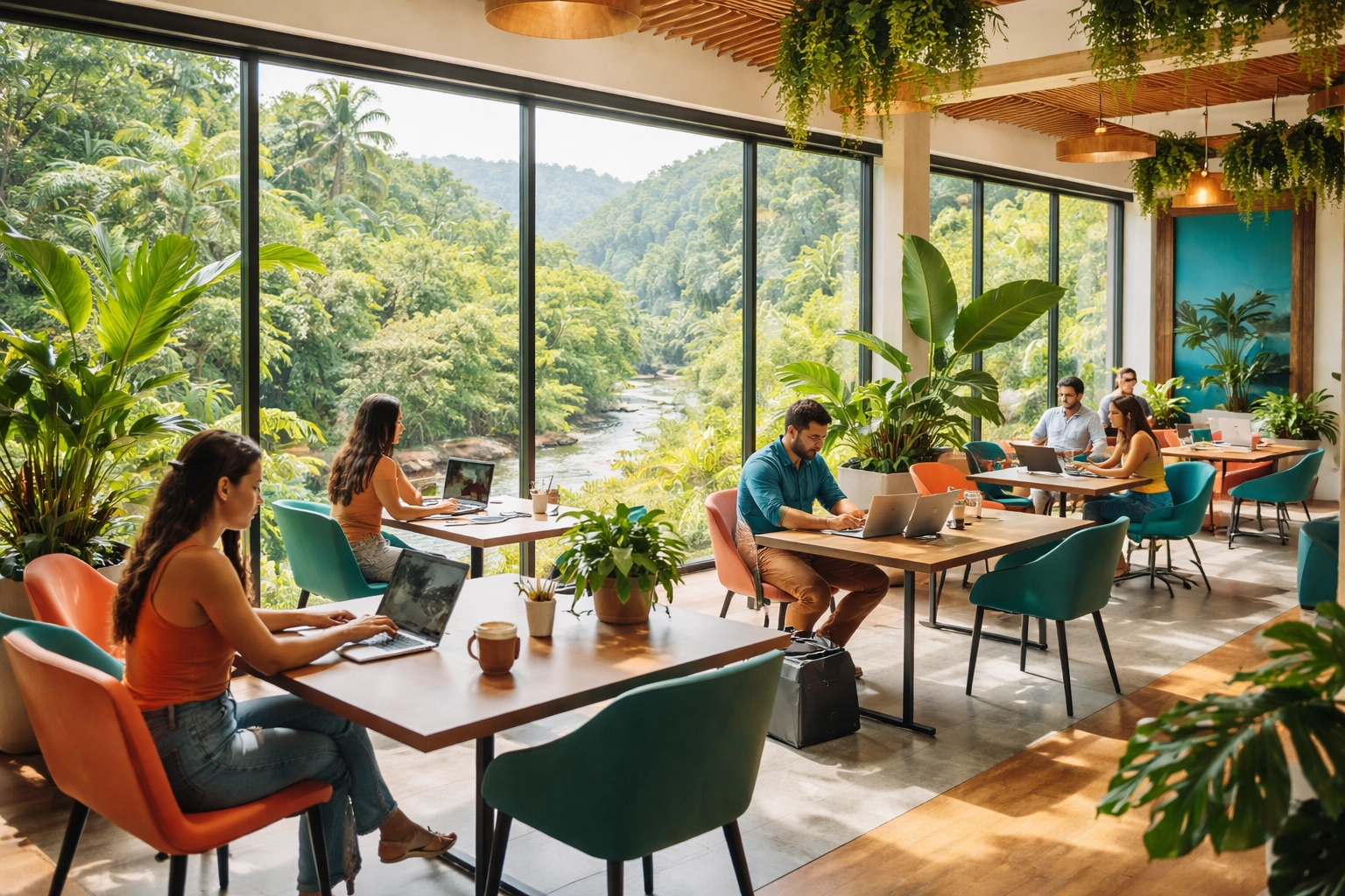 Modern coworking space in Puerto Vallarta with professionals, natural light, and tropical views
