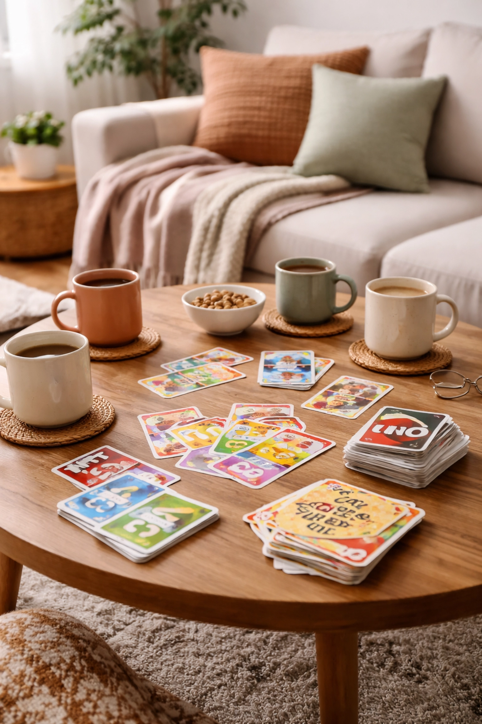 Australian family sharing colorful card games, mugs, and a blanket during a cheerful gathering