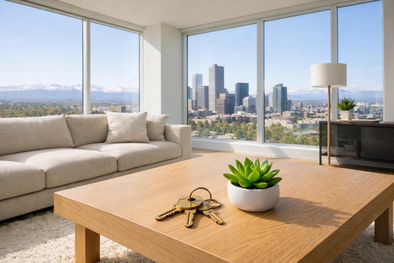 Modern Denver living room with house keys, symbolizing buyer leverage in the 2026 housing market.