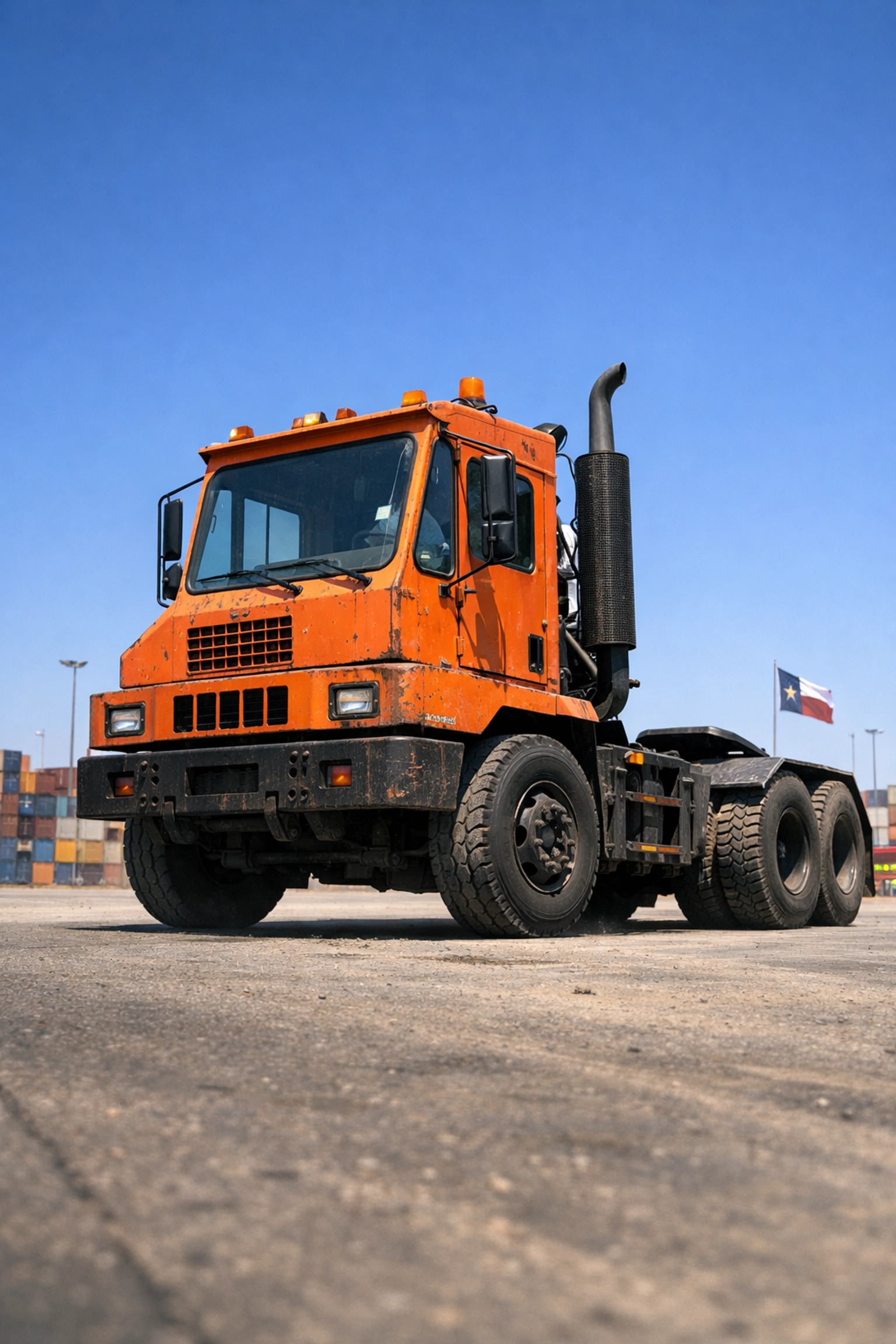 Heavy-duty orange diesel yard spotter truck parked at a shipping terminal in Houston, Texas.