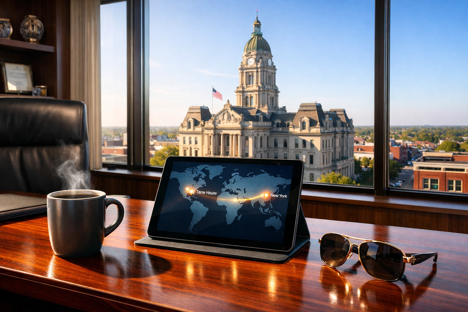 Business desk in Terre Haute showing local time synchronization with New York City.