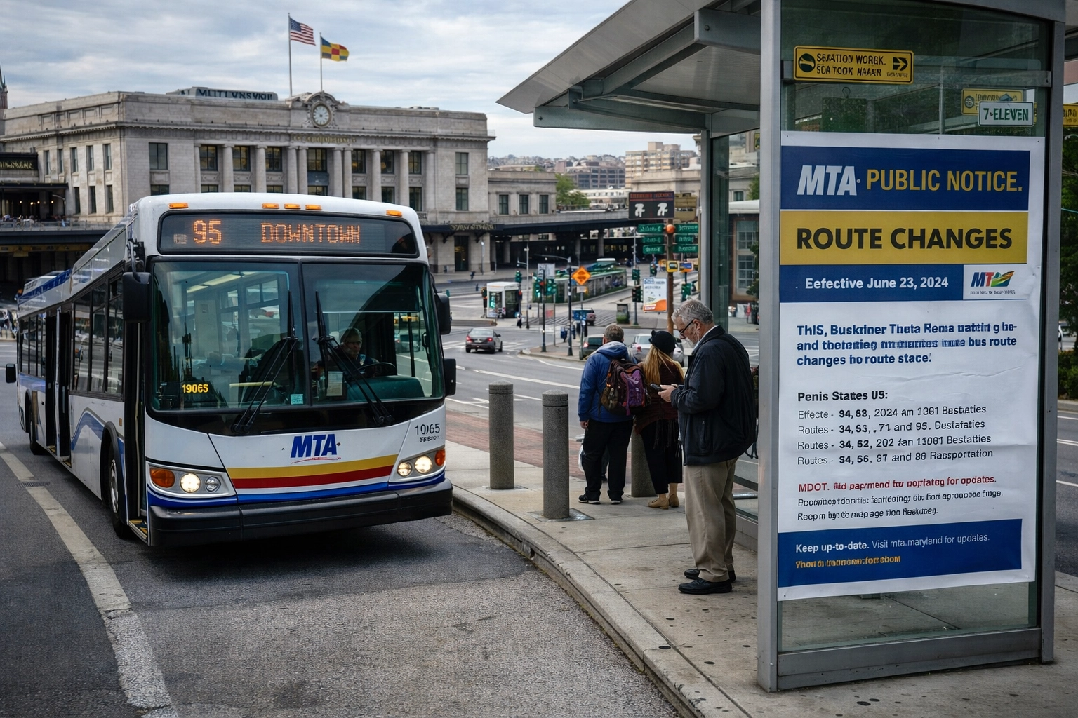 Baltimore transit and civic planning scene with an MTA bus and public route-change notice near Penn Station