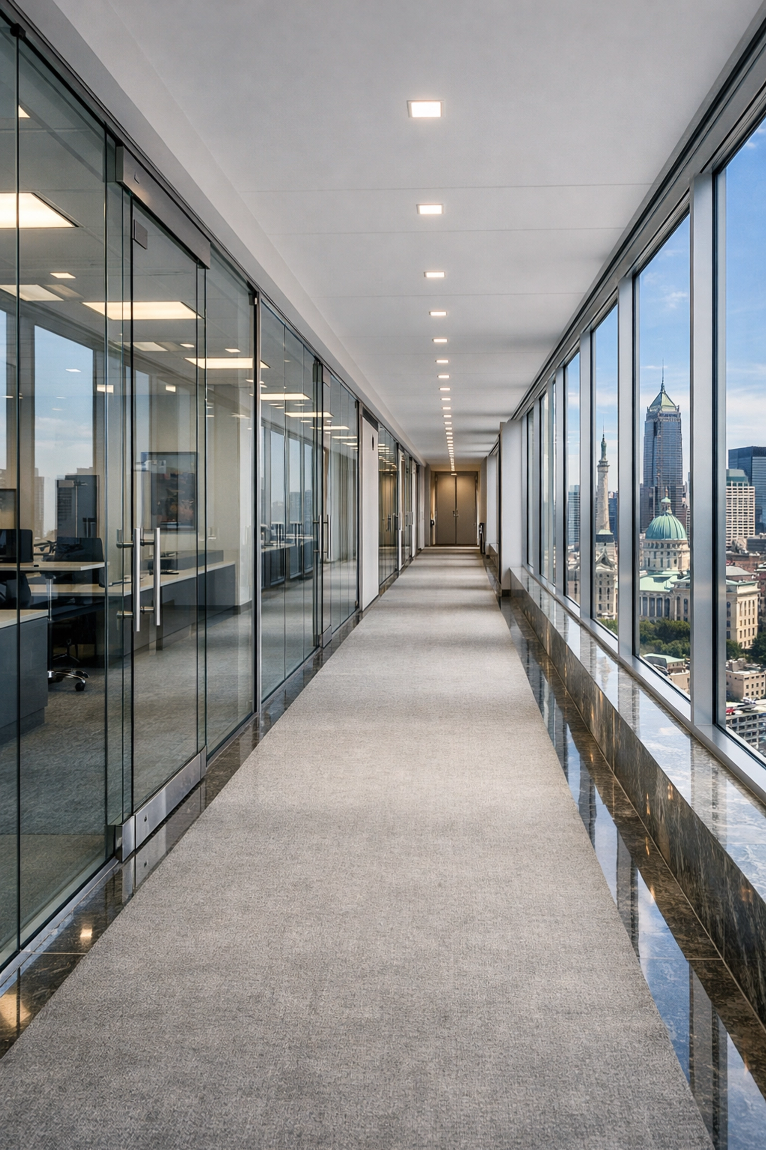Spotless Indianapolis corporate corridor with glass walls and a view of the metropolitan skyline.