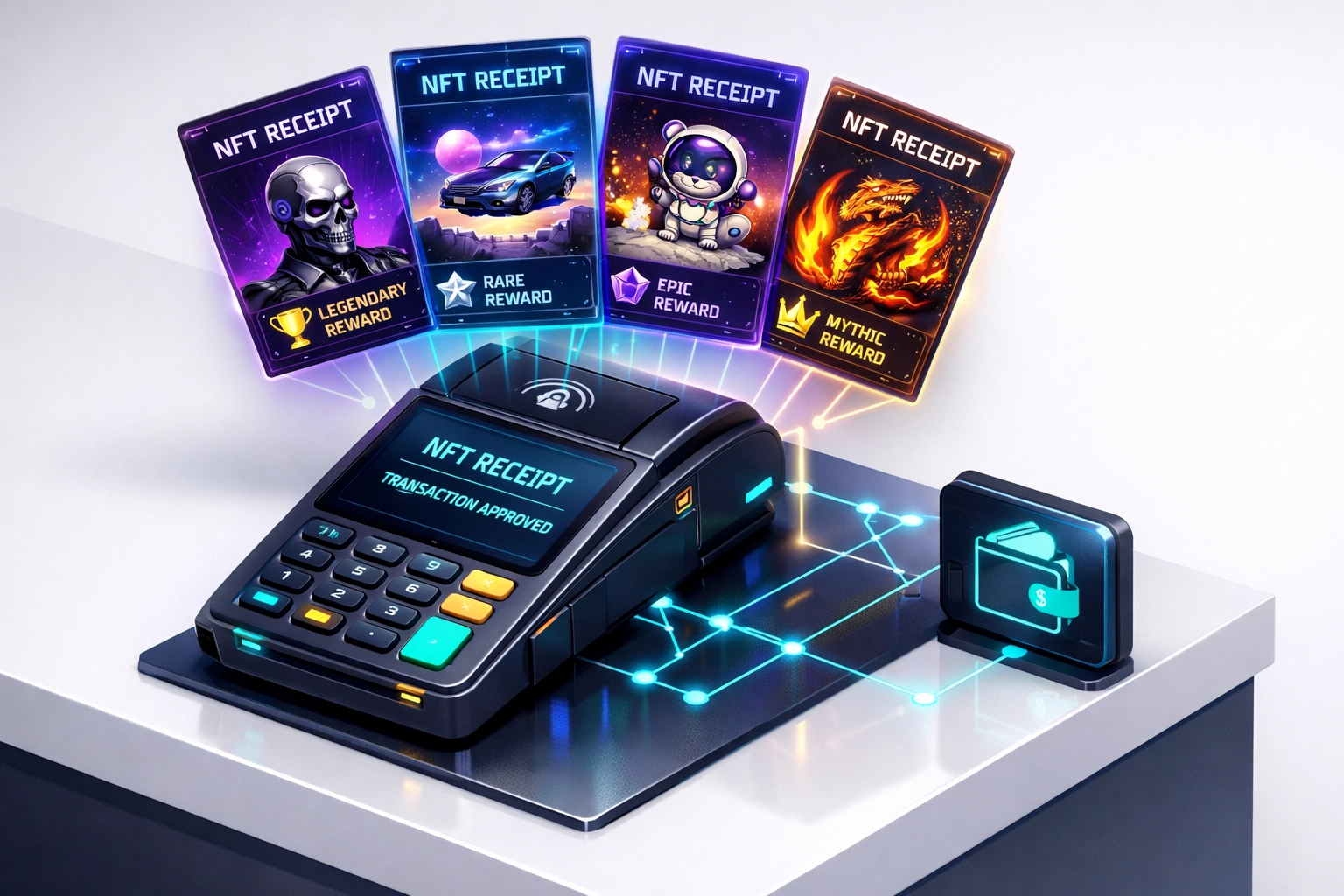 Crypto point-of-sale terminal generating NFT receipt cards for merchant customer loyalty programs