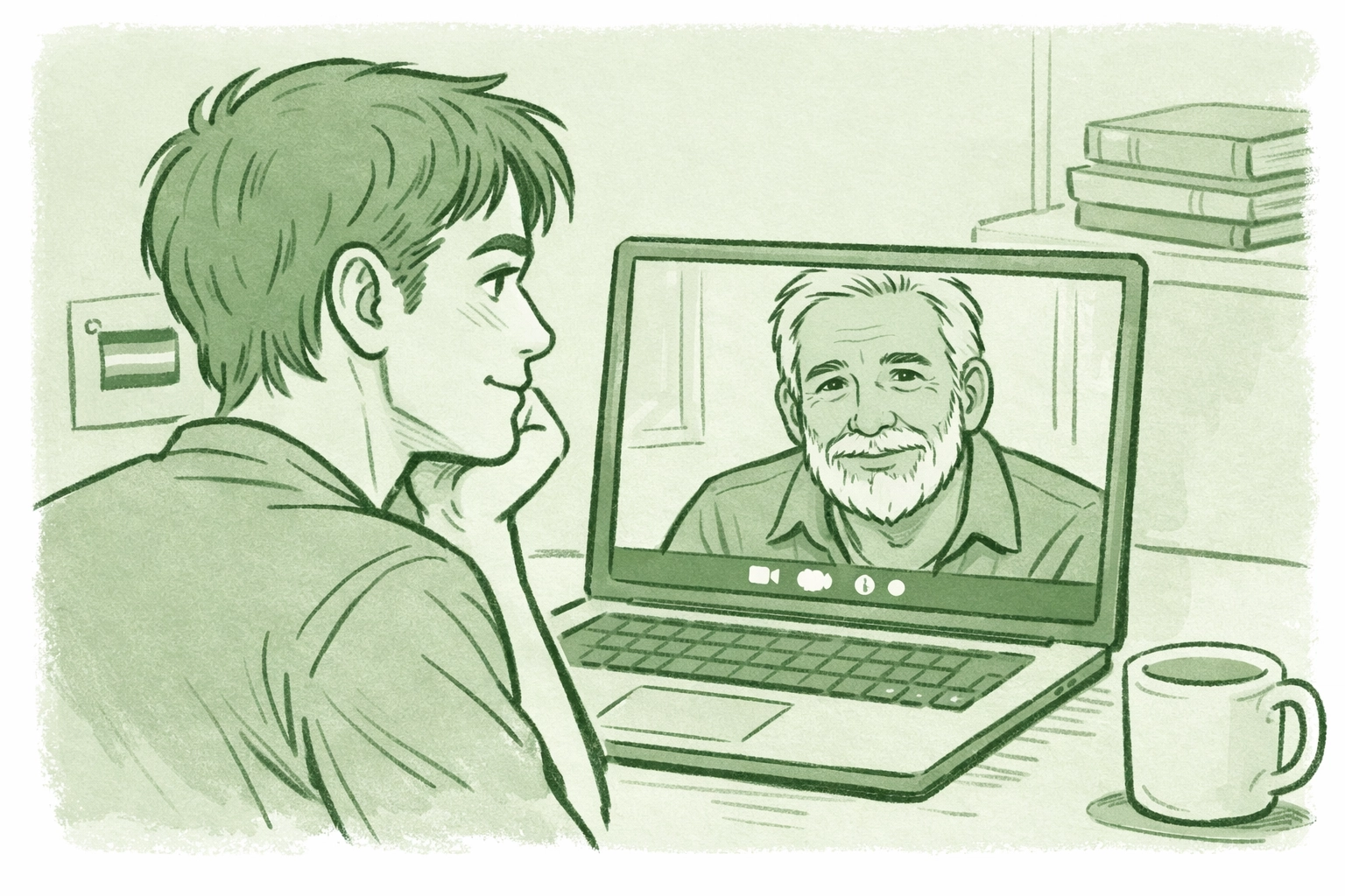 LGBTQ+ mentorship video call between younger gay man and older bearded mentor offering support