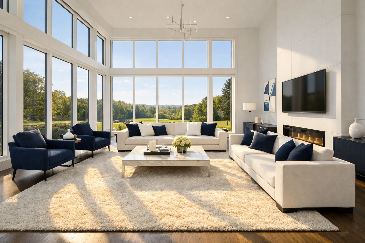 Clean and airy Dover estate living room featuring pristine floors and ninja-level residential cleaning Massachusetts.