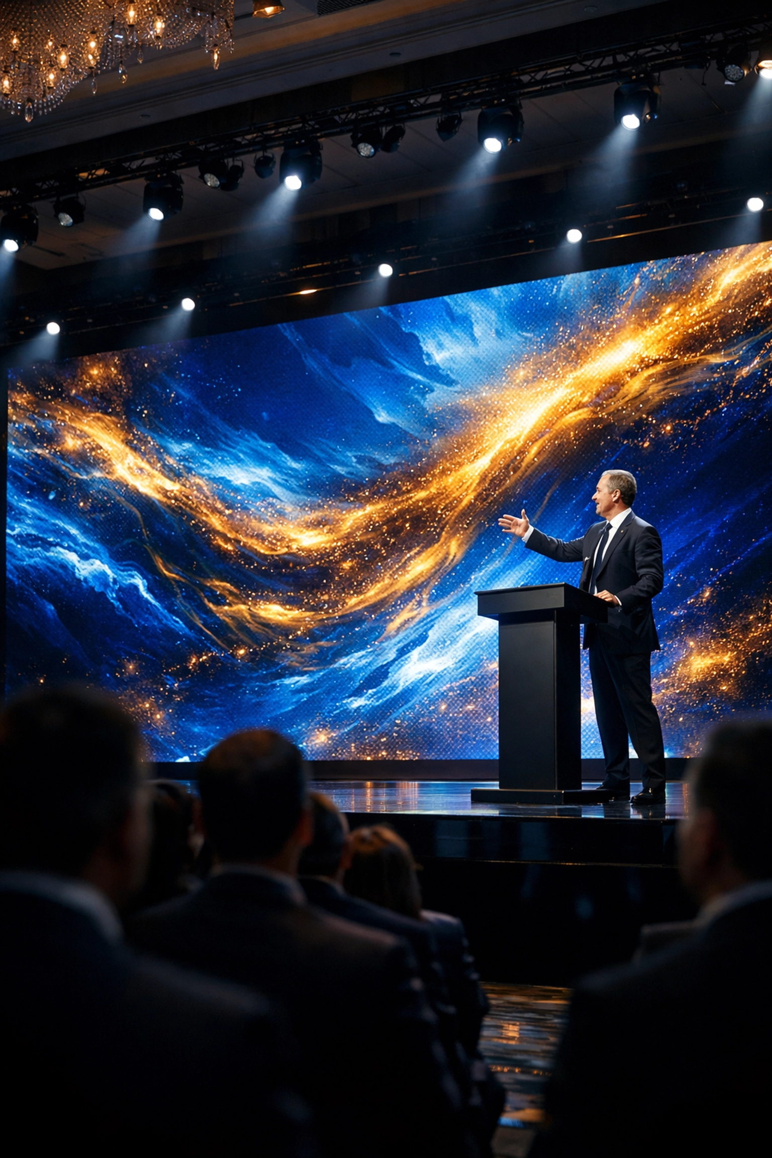 Corporate event photographer Miami captures a speaker on stage during a high-end conference in a ballroom.