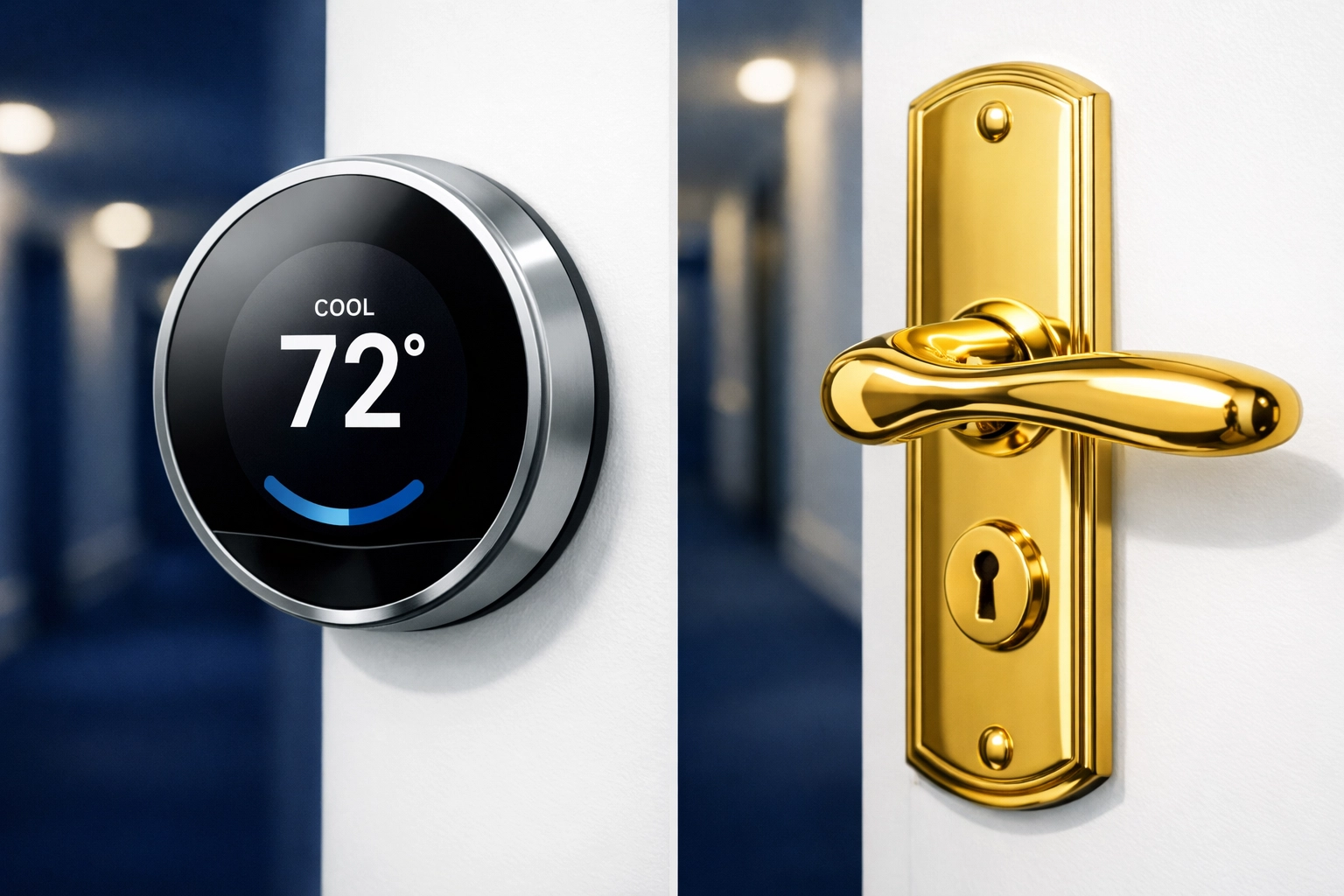 Sanitized brass door handle and digital thermostat in a clean Marblehead boutique hotel.
