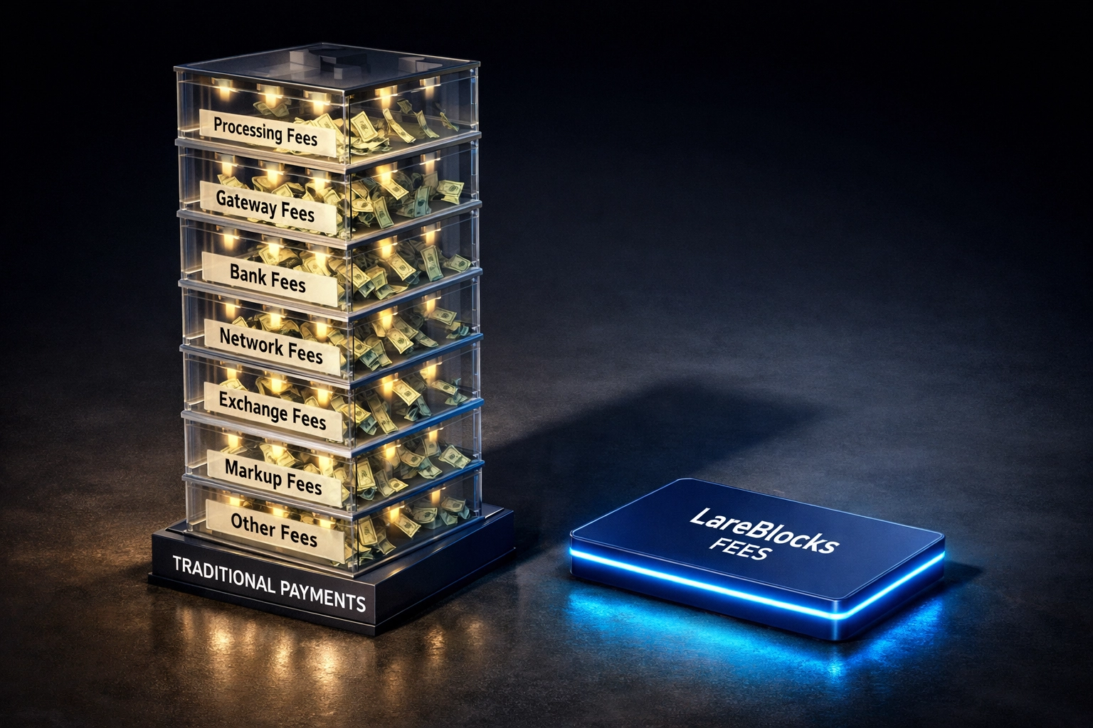 LareBlocks merchant fees at 1.2% compared to traditional 3.5% payment processing costs