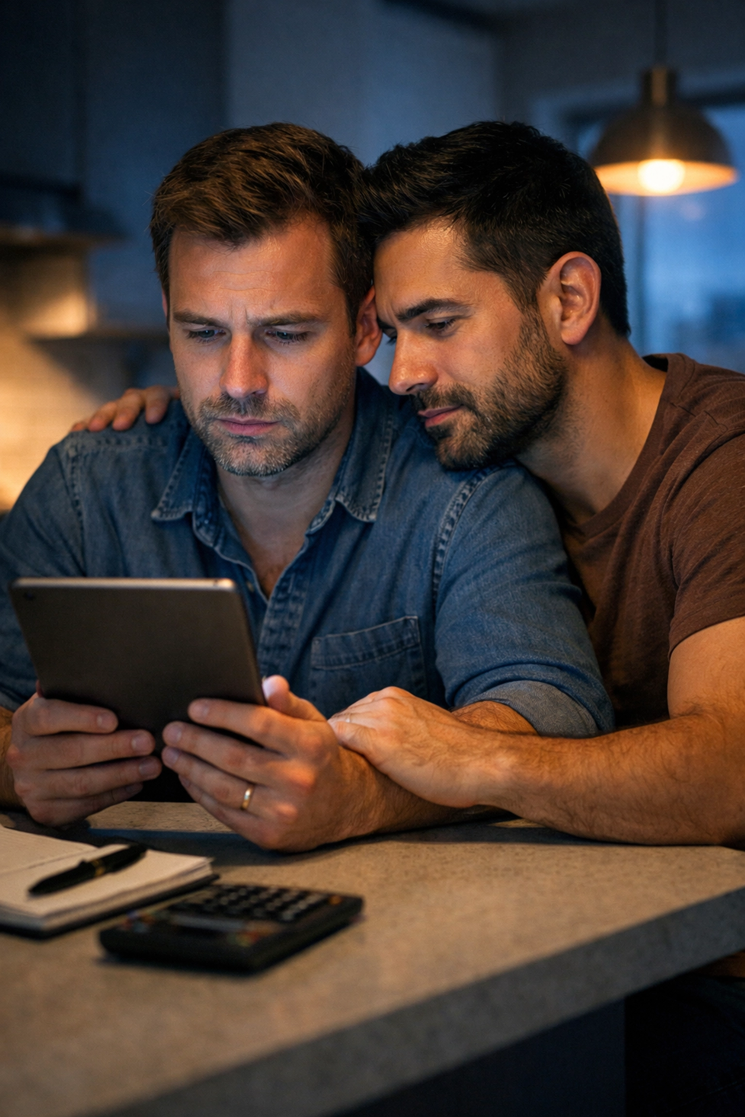 A gay couple sitting together at home while managing finances and navigating gig economy risks.