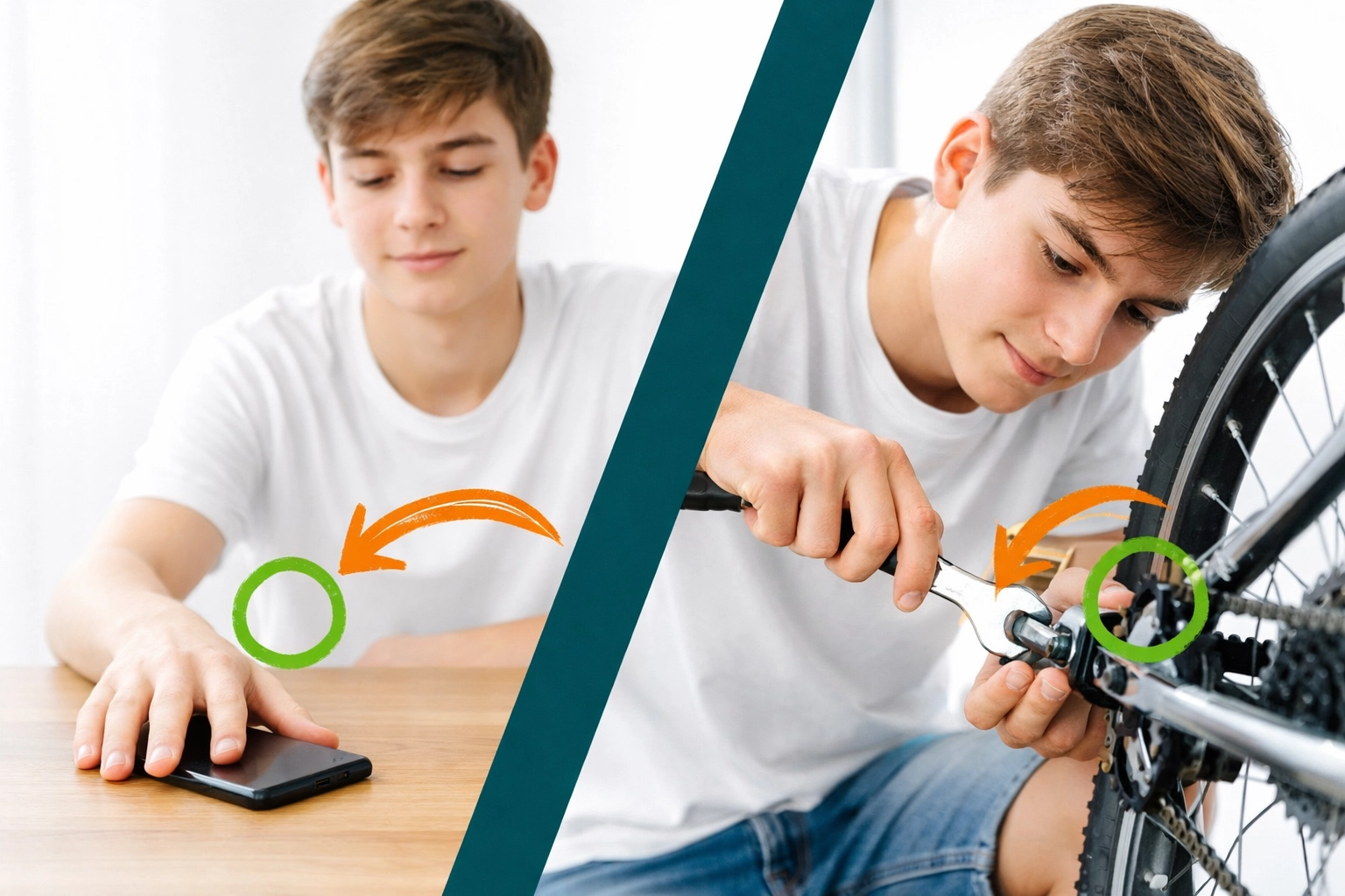 A teenager transitioning from screen time to practical independence by repairing a bicycle with tools.