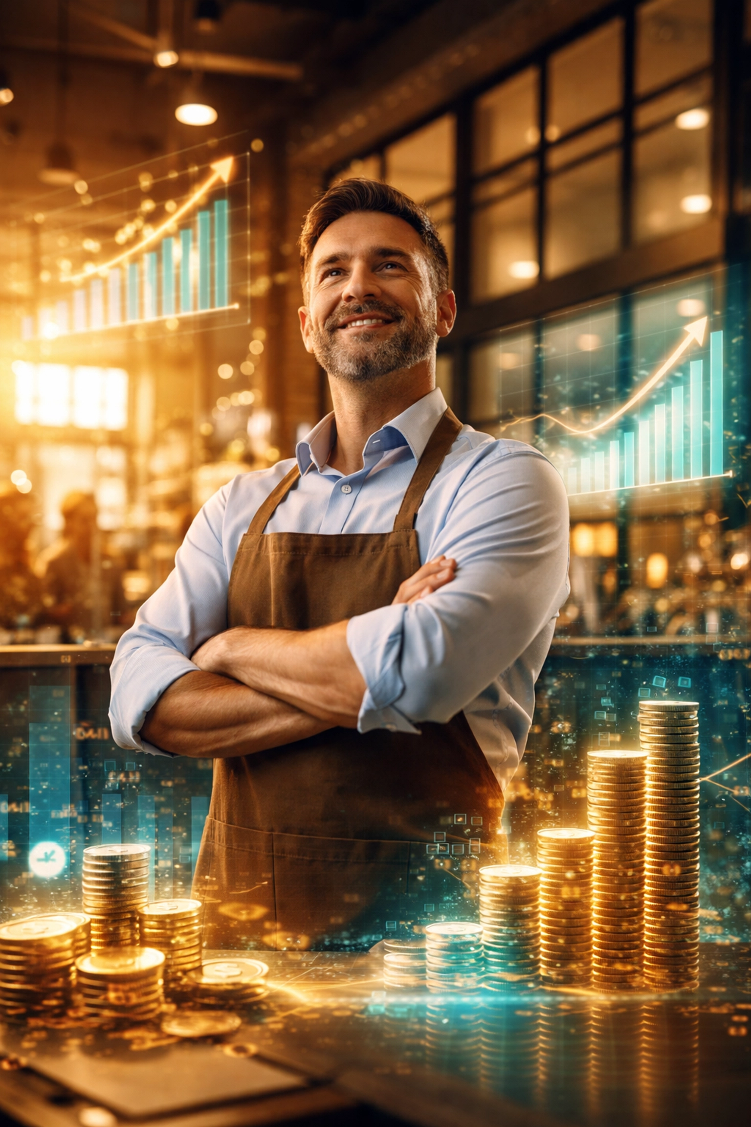 Retail owner in modern store with digital savings charts, highlighting crypto payment fee savings and merchant independence