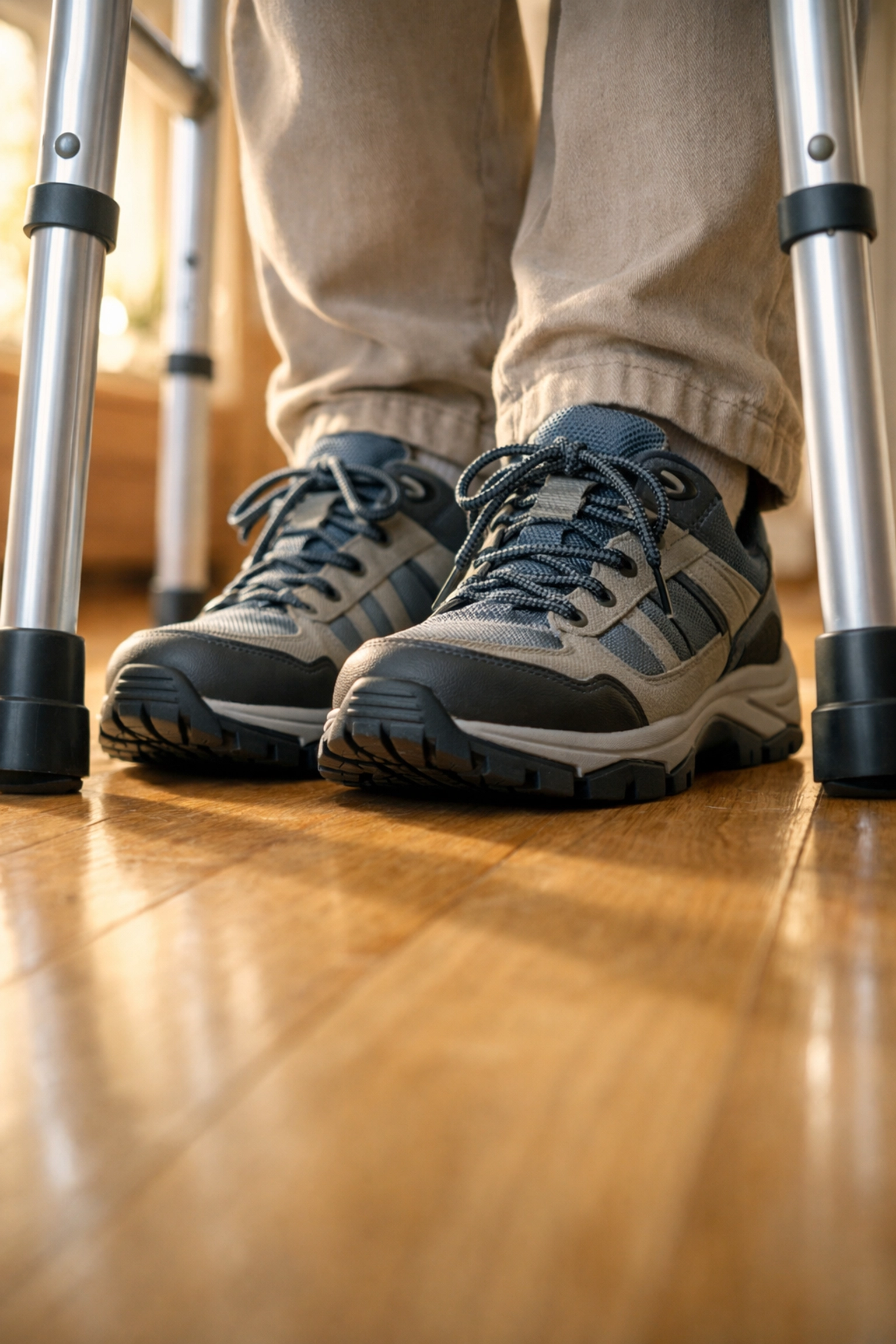 Proper non-slip footwear and supportive shoes positioned safely within a walker frame.