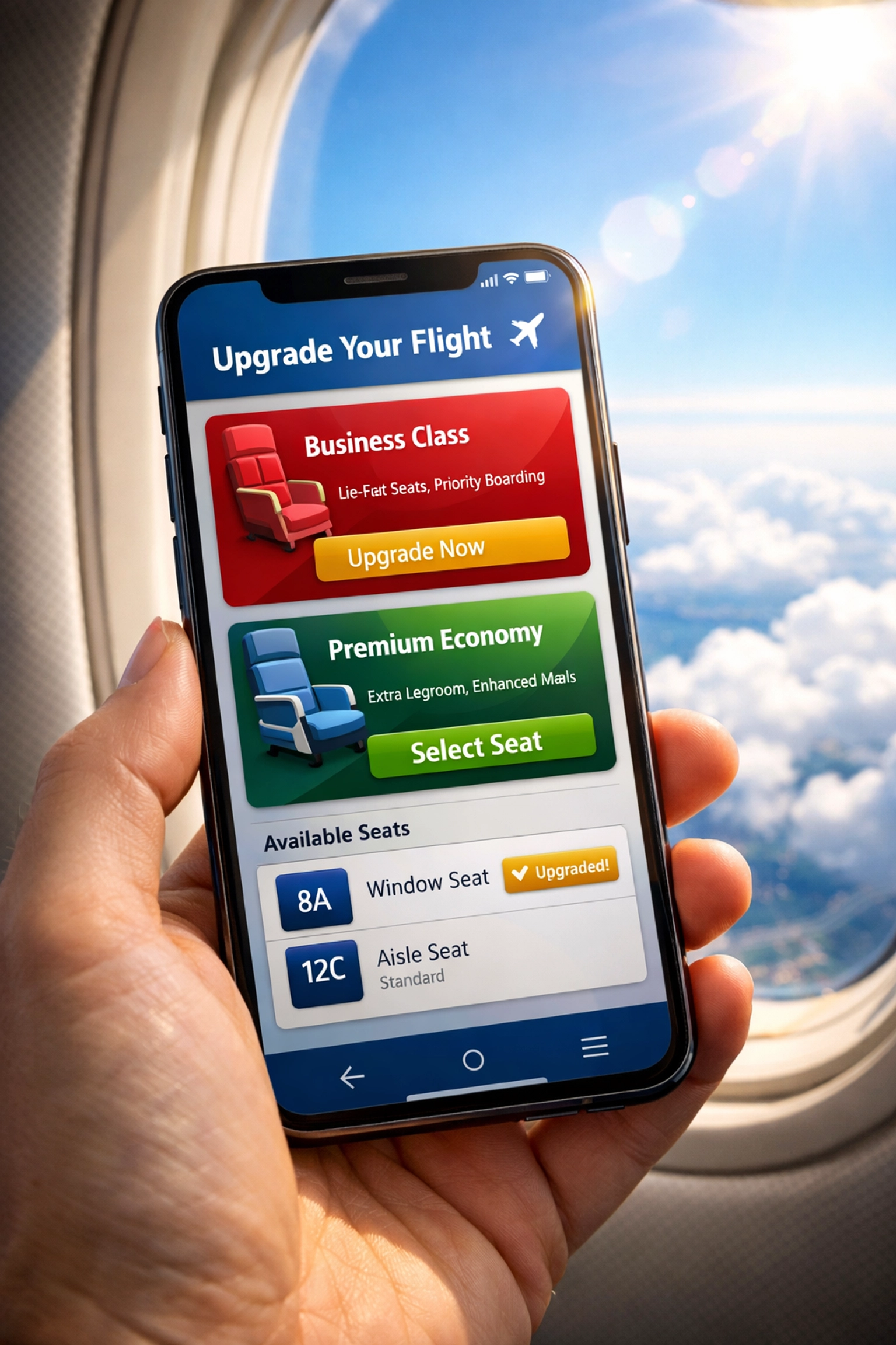 Smartphone displaying airline app with upgrade options and premium seat selections